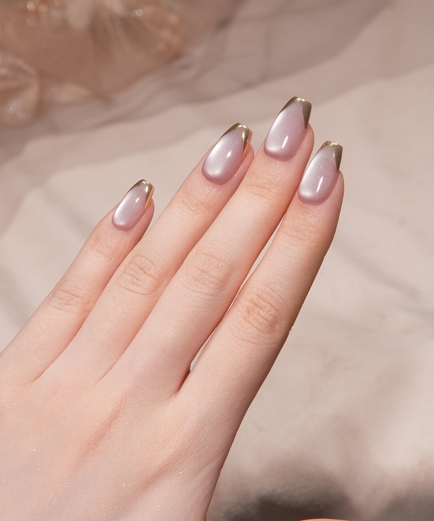 【COMING SOON】水光ネイルモーブピンクマグネットゴールドミラーフレンチバレリーナネイルチップ