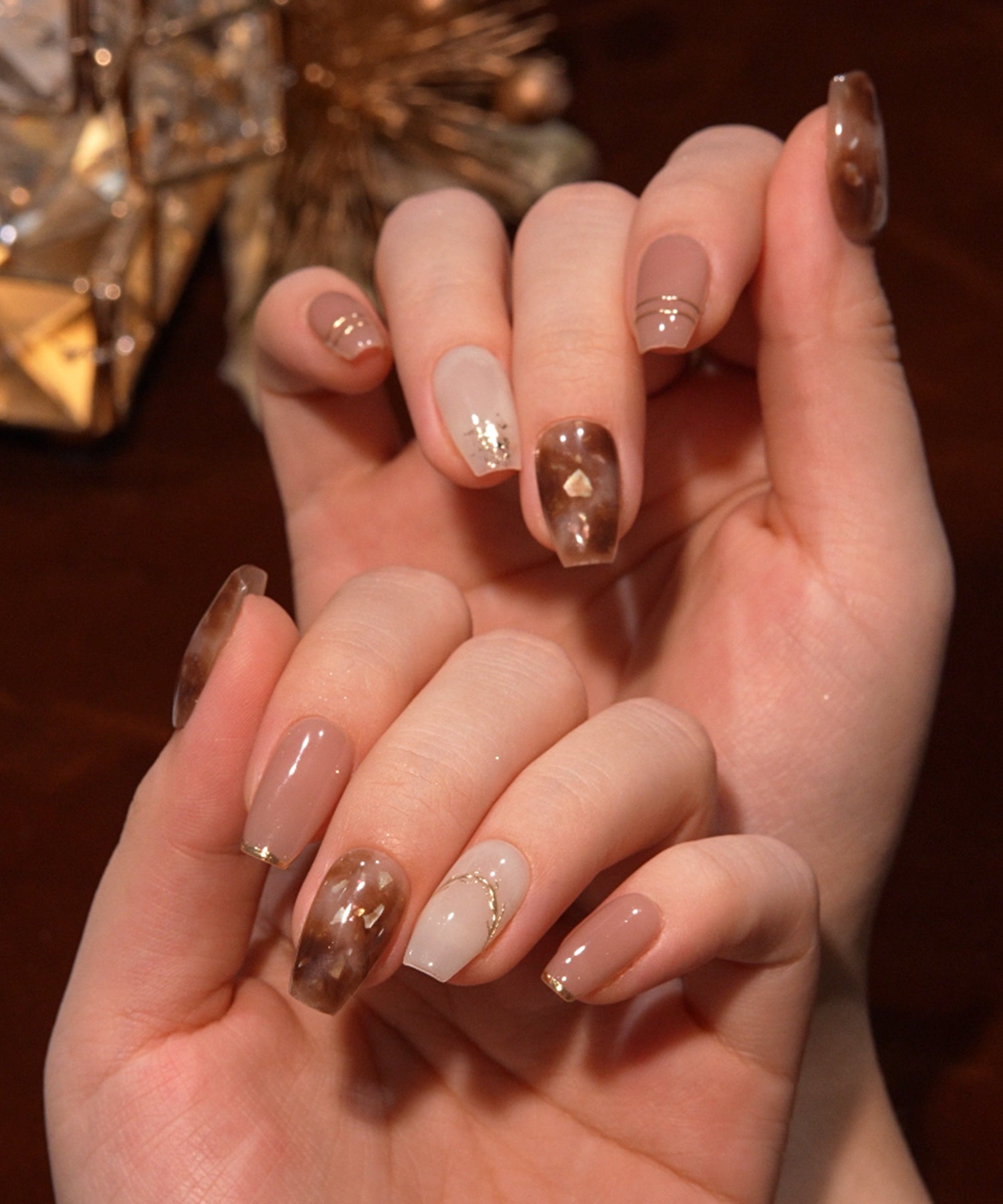 【当日発送】水光ネイルブラウンマーブルシェルラゴールドインバレリーナネイルチップ