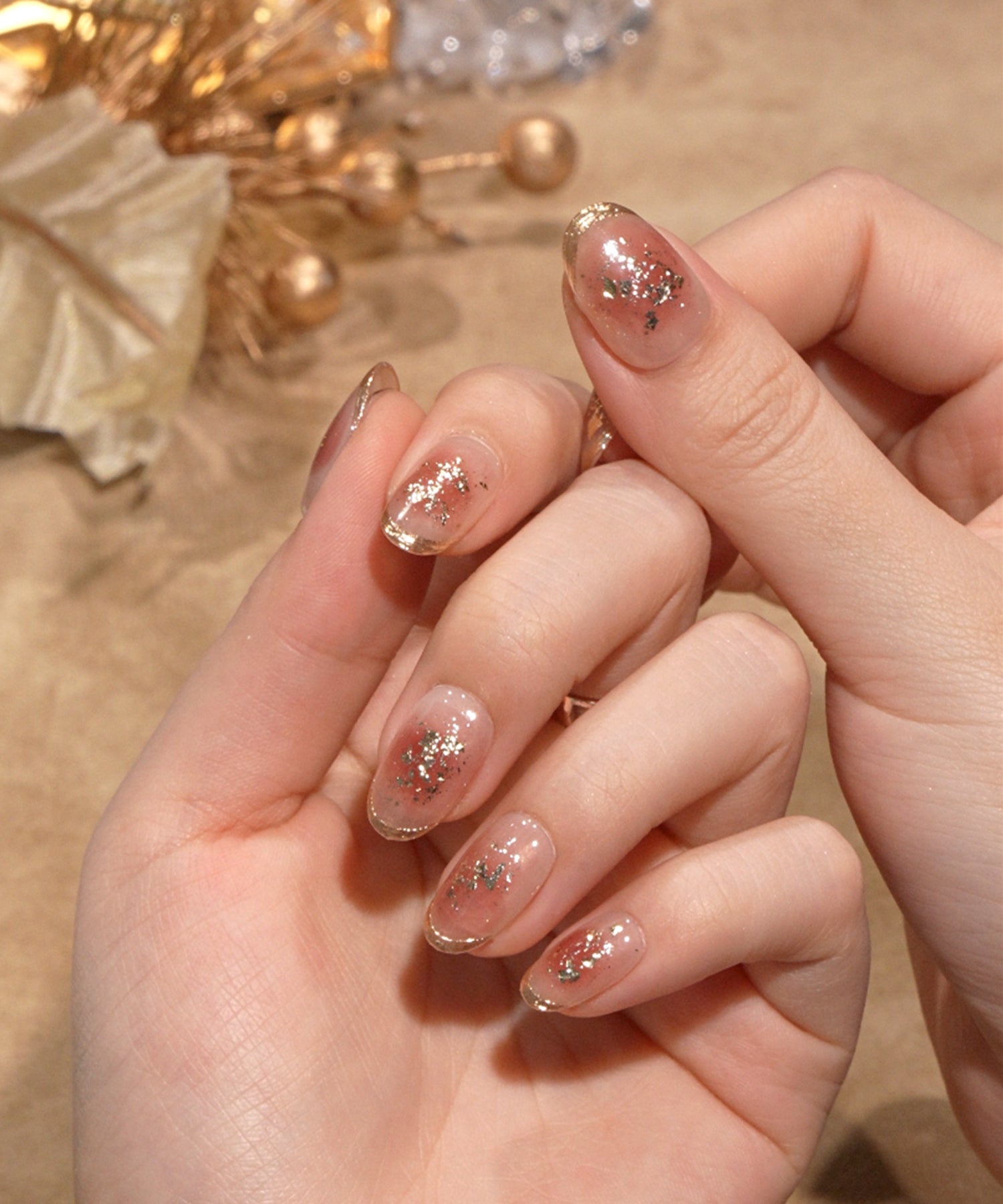 【当日発送】水光ネイルレッドチークゴールドミラーフレンチホイルオーバルネイルチップ