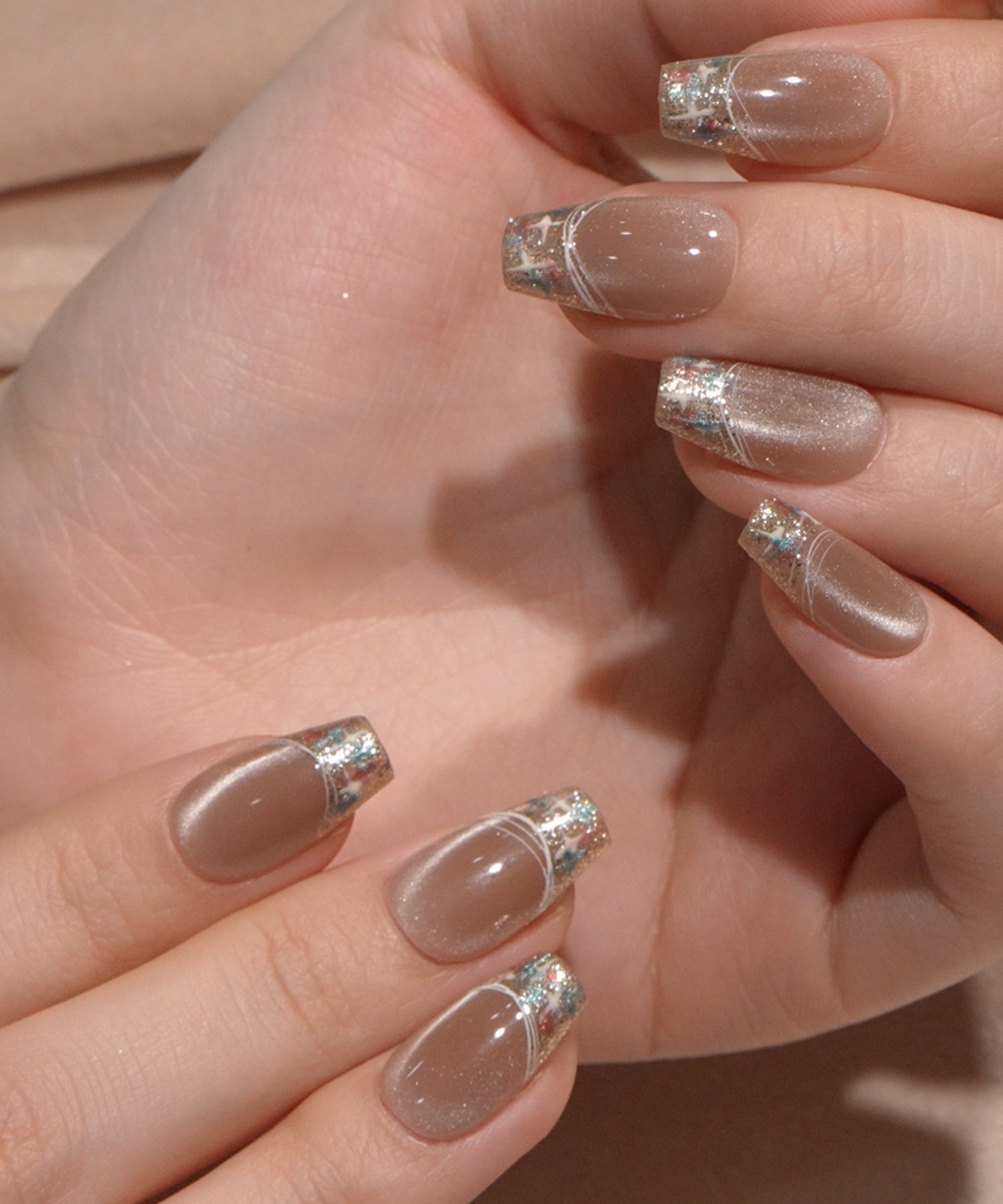 予約販売】水光ネイルブラウンマグネットツイードフレンチバレリーナ