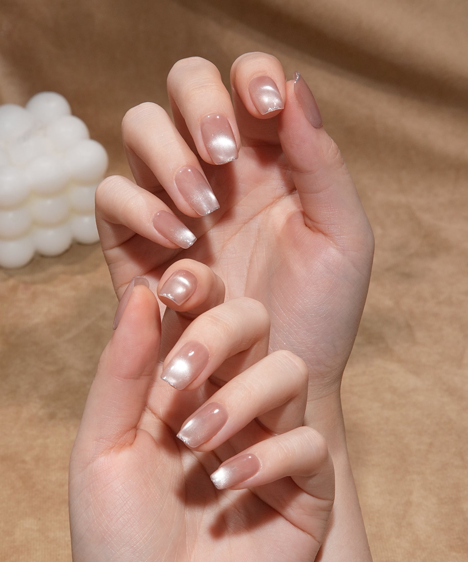 【当日発送】水光ネイルシアーピンクマグネットシルバーラメフレンチスクエアネイルチップ