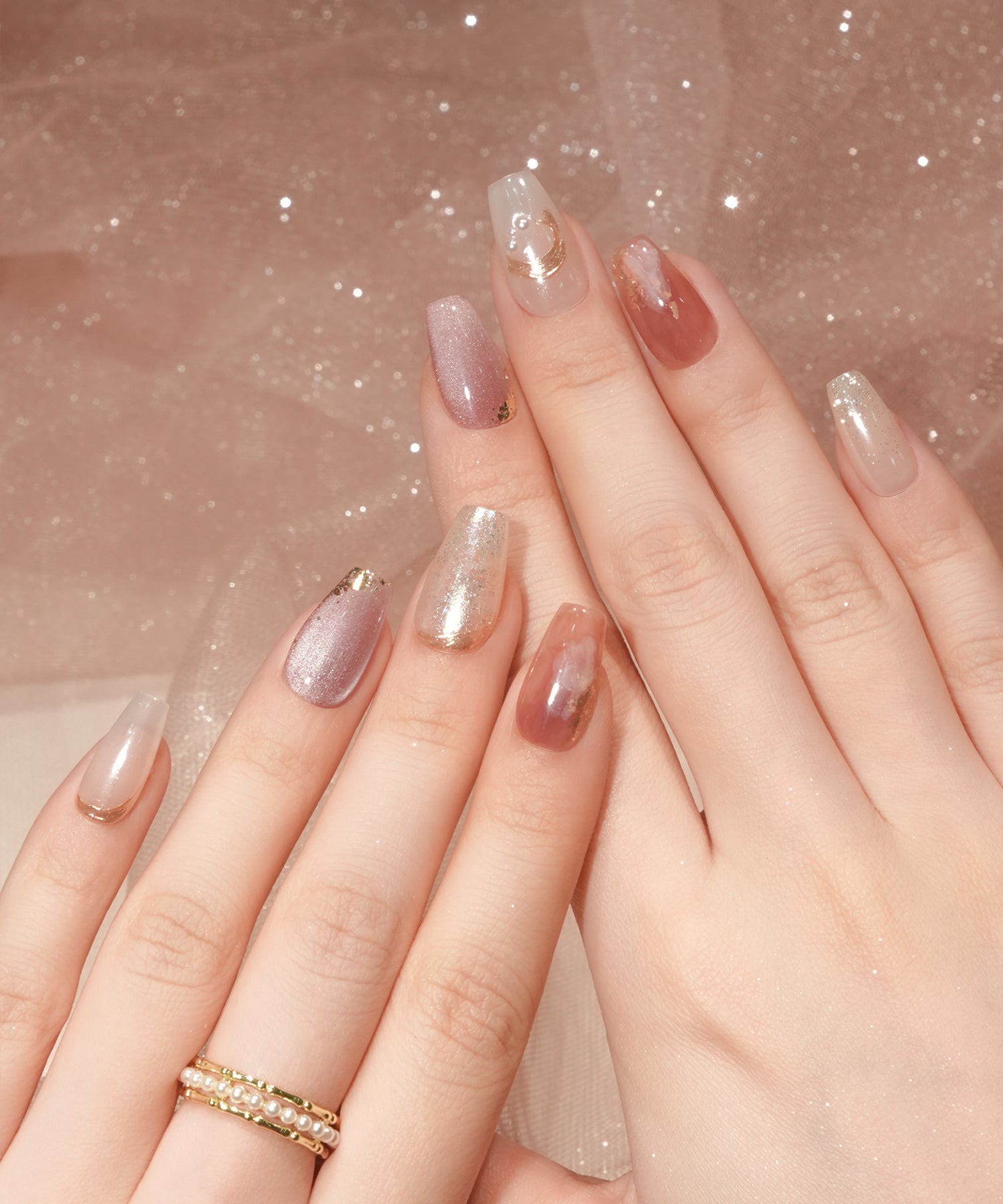 【COMING SOON】水光ネイルホワイトミラーニュアンスゴールドミラーアートパールホロラメバレリーナネイルチップ