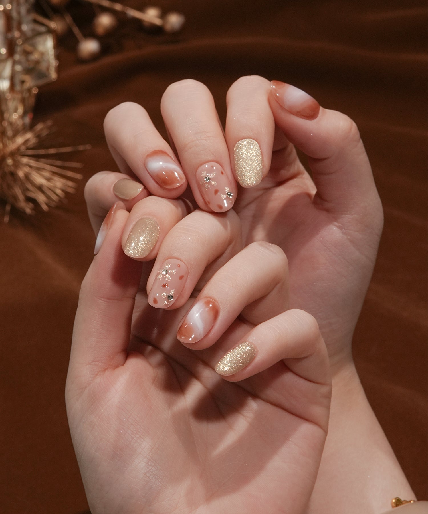 【当日発送】水光ネイルピンクマーブルフラワーアートストーンラメオーバルネイルチップ