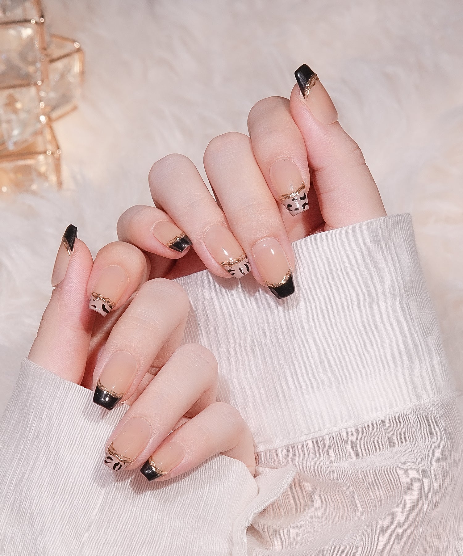 当日発送】水光ネイルベージュブラックフレンチレオパードミラーライン