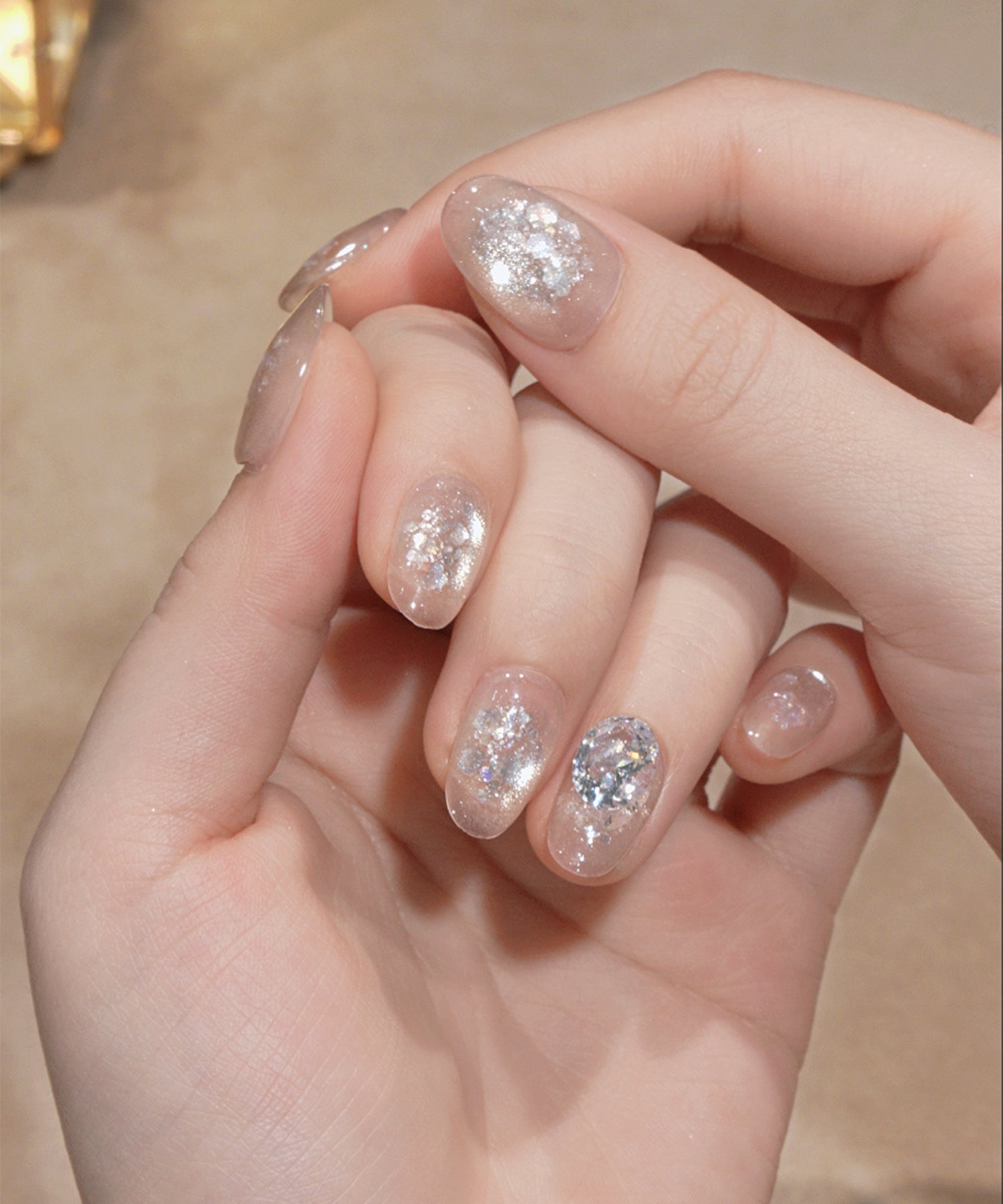 水光ネイルクリアホワイトベースホログラムシルバーストーンオーバルネイルチップ