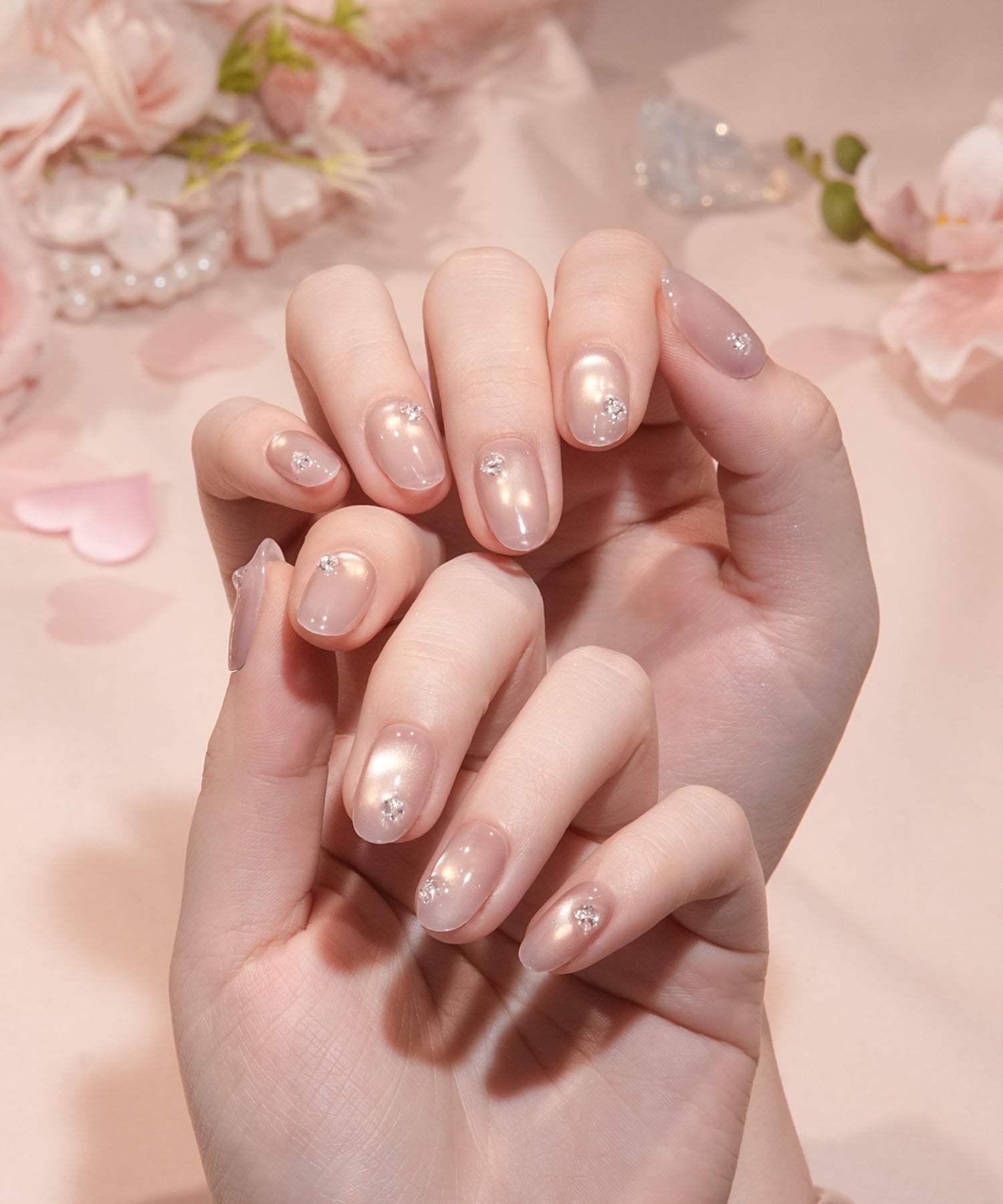 【バレンタイン限定デザイン】水光ネイルピンクマグネットワンカラーフラワーライクストーンオーバルネイルチップ