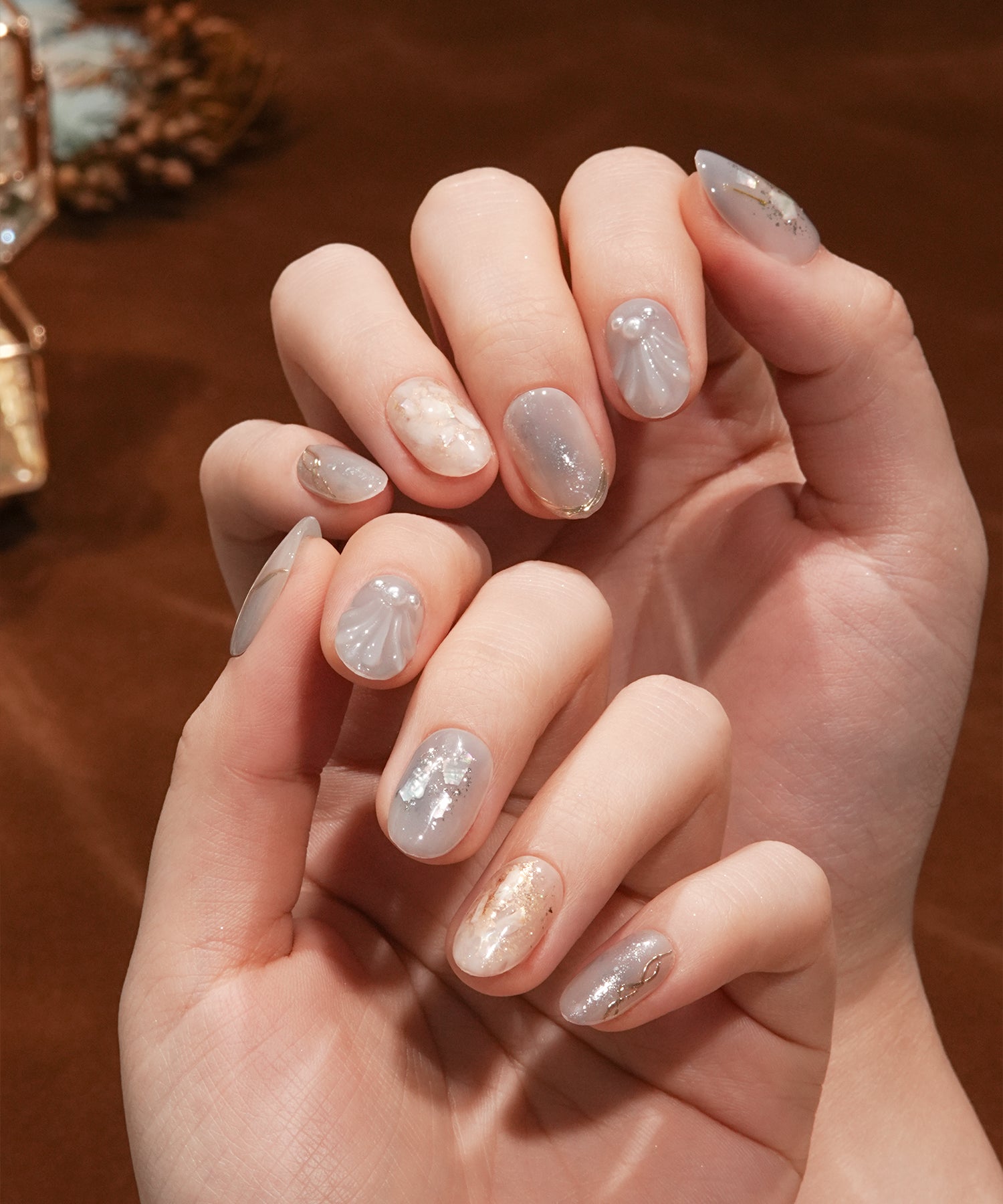 【COMING SOON】水光ネイルスモーキーブルーマーメイドシェルオーバルネイルチップ