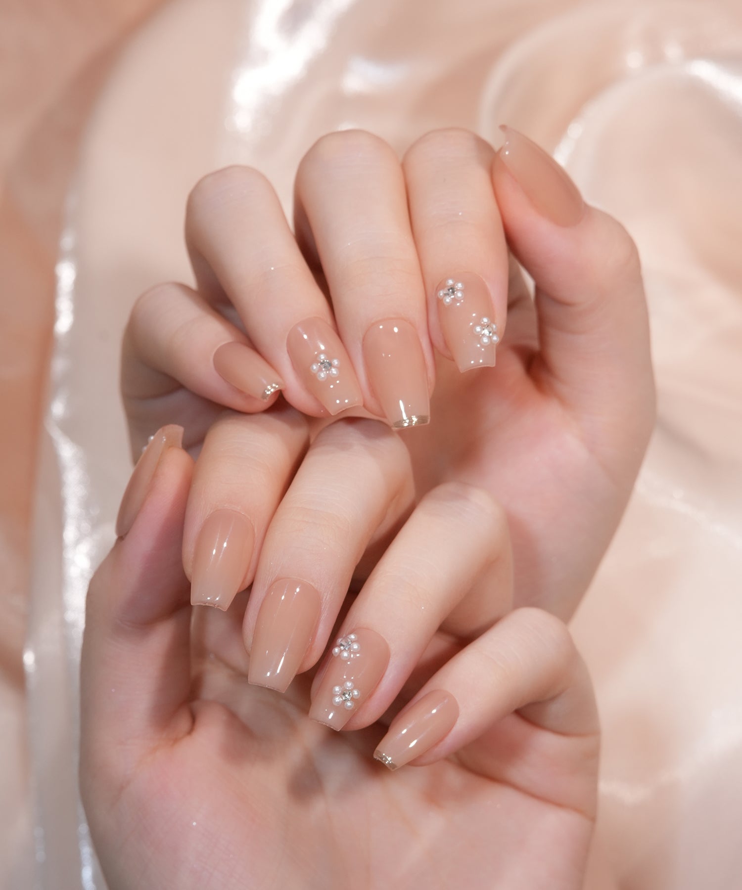 【COMING SOON】水光ネイルナチュラルピンクベージュワンカラーパールストーンフラワーバレリーナネイルチップ