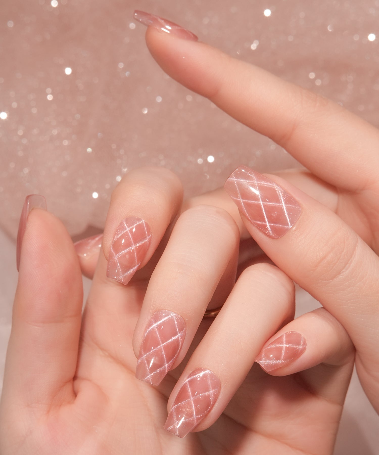 【COMING SOON】水光ネイルピンクマグネットチェックデザインバレリーナネイルチップ