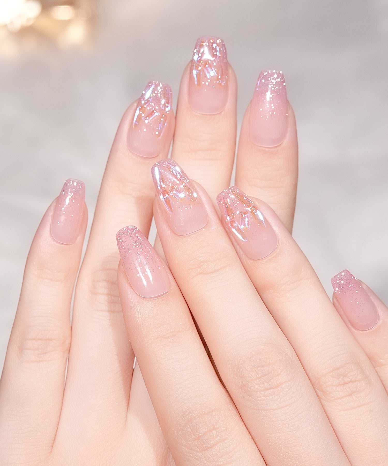 【当日発送】水光ネイルピンクグラデーションクリアストーンラメバレリーナネイルチップ