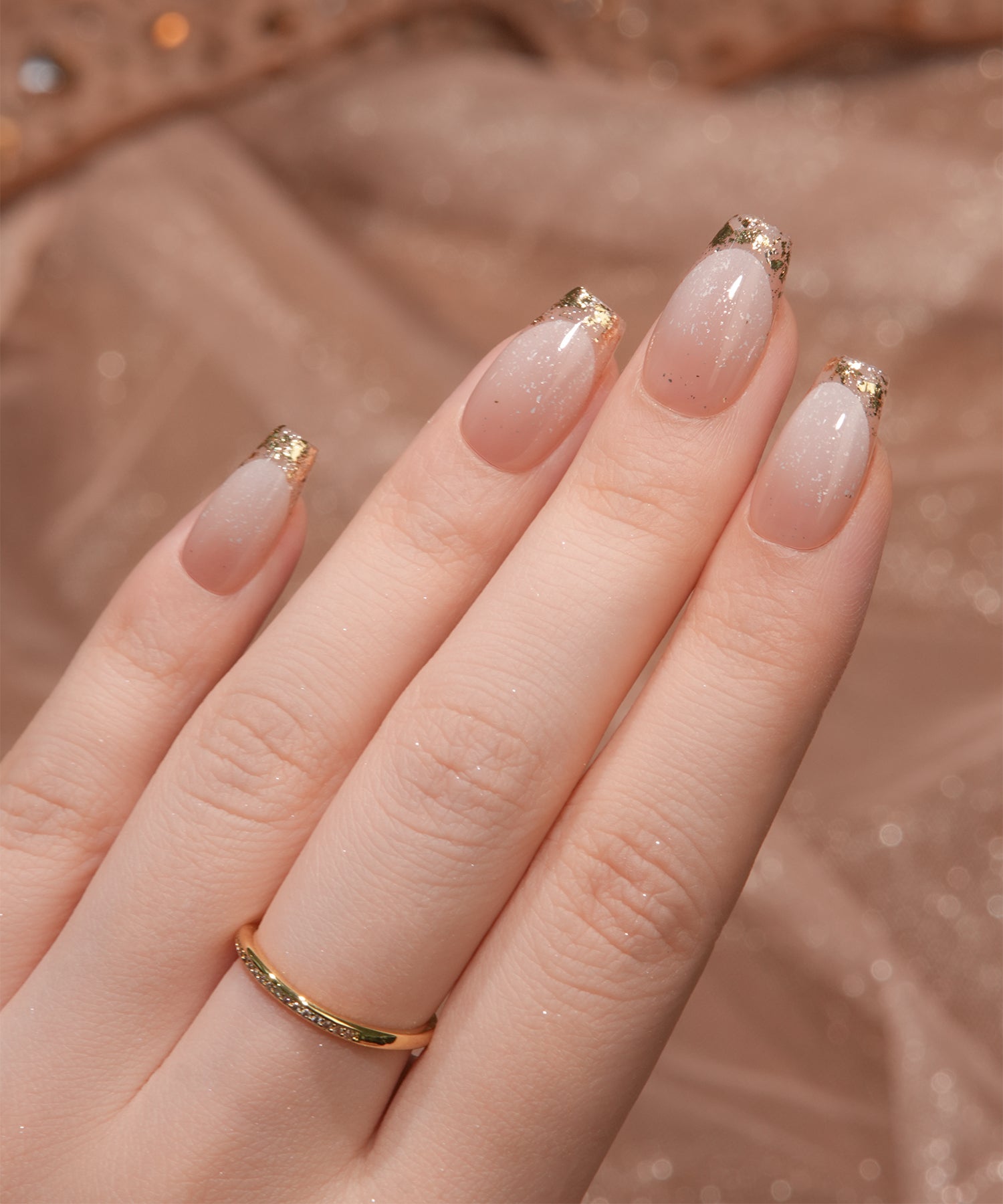 【当日発送】水光ネイルピンクグラデーションゴールドガラスフレンチバレリーナネイルチップ