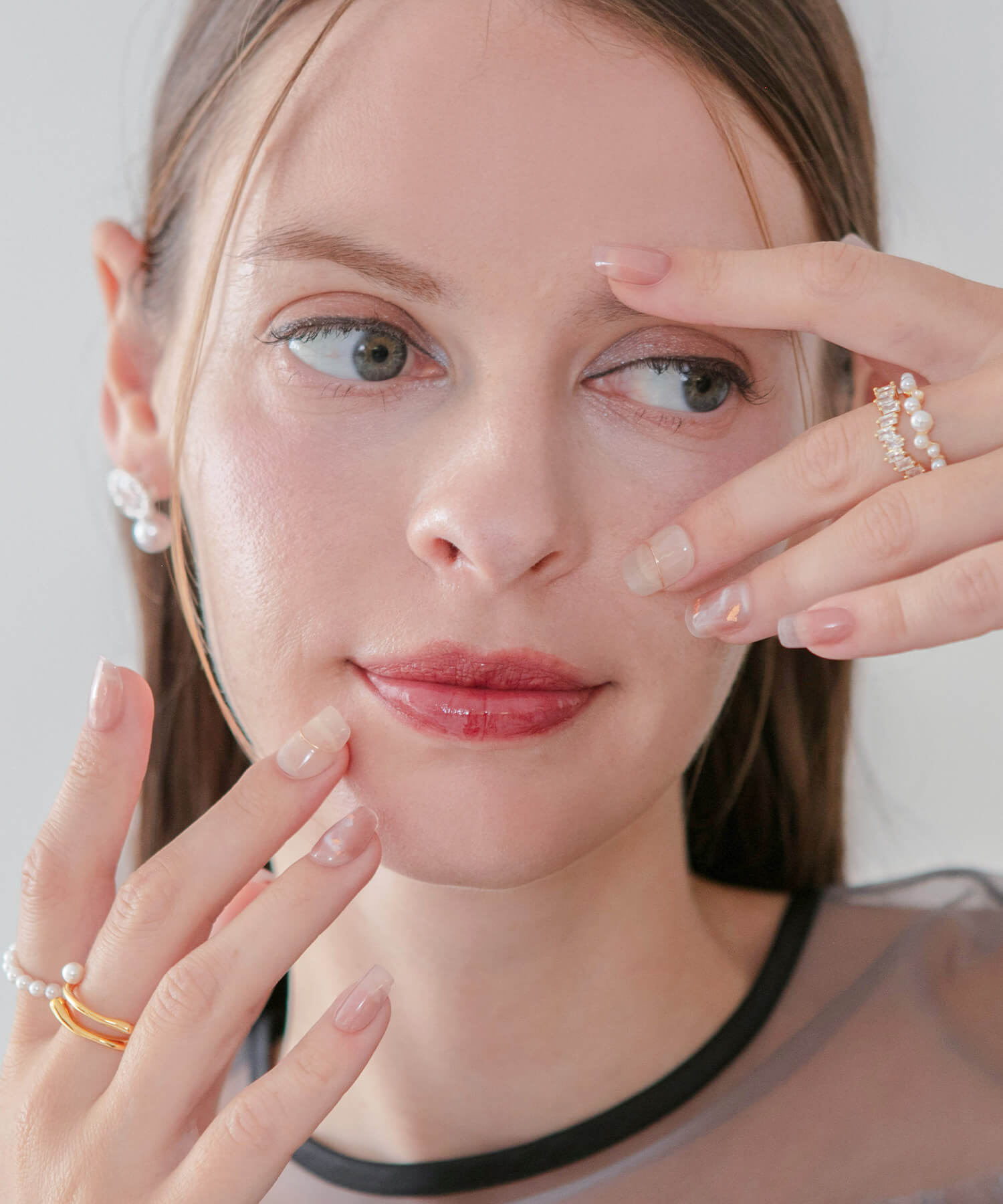 【当日発送】水光ネイルピンクニュアンスゴールドミラーラインショートスクエアネイルチップ