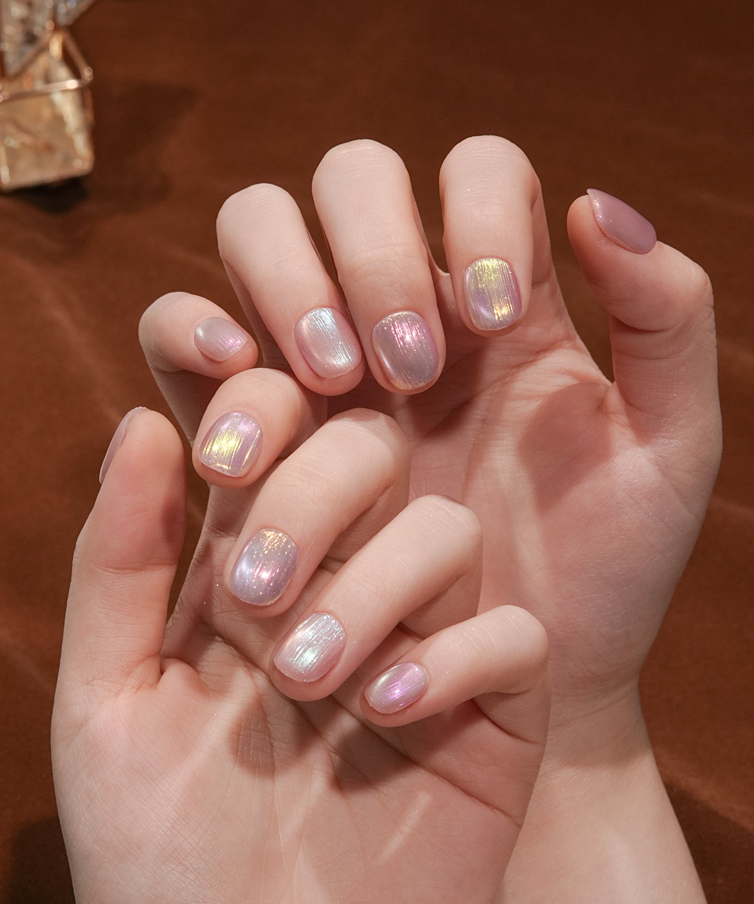 【当日発送】水光ネイルピンクマグネットオーロラシアーラインショートラウンドネイルチップ