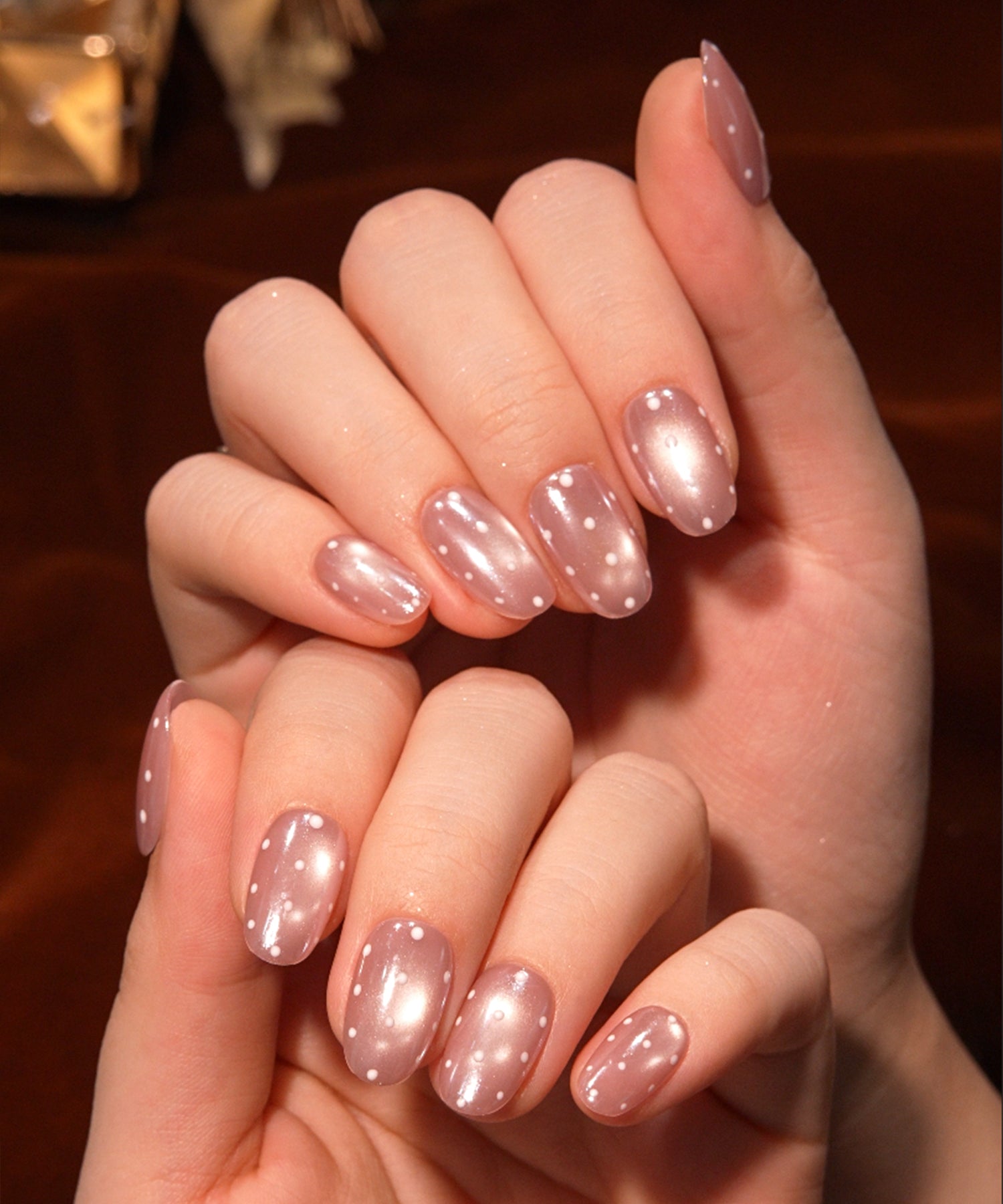 【当日発送】水光ネイルピンクマグネットドットデザインミラーオーバルネイルチップ