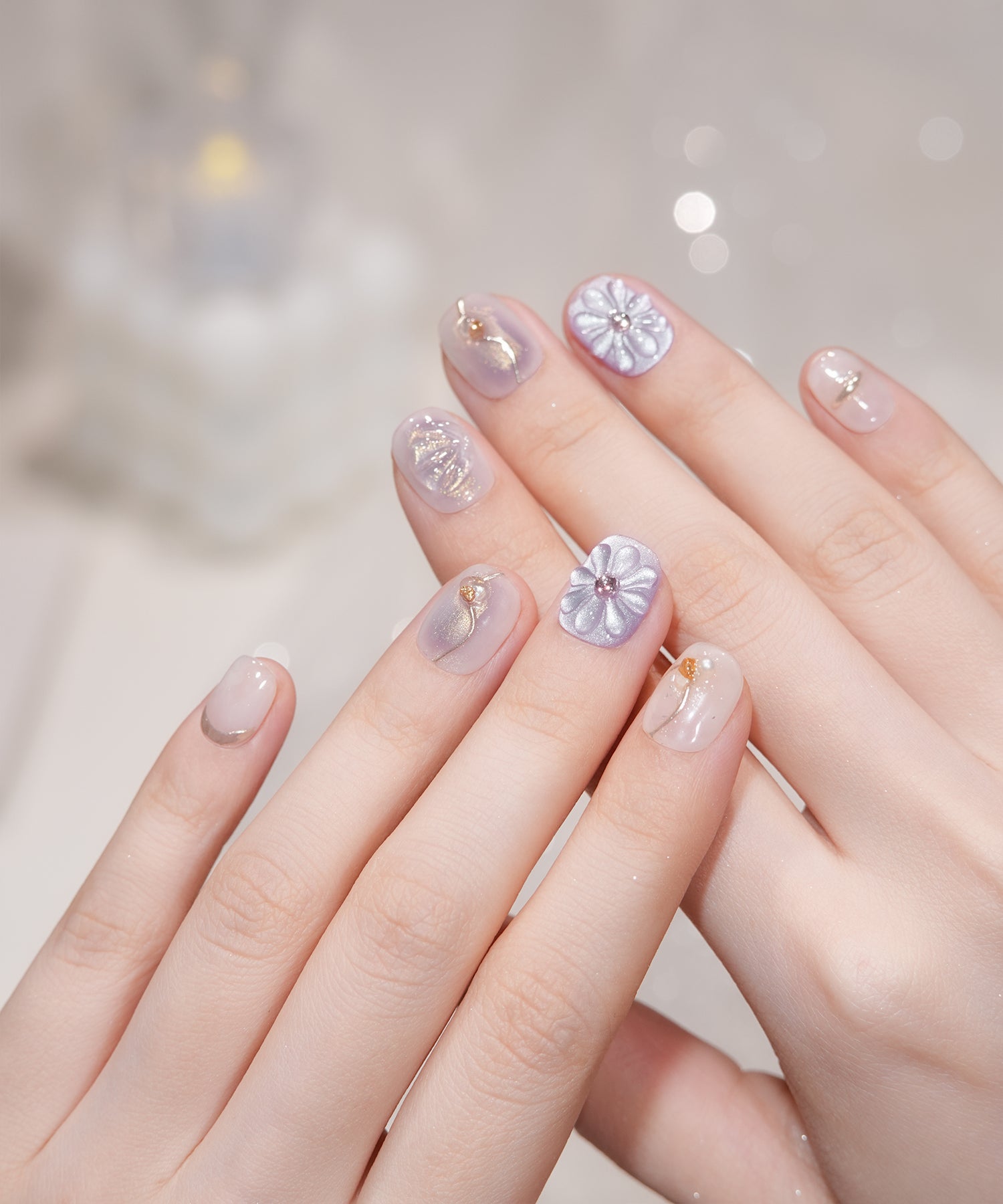 【COMING SOON】水光ネイルパープルマグネットフラワーニュアンスミラーパールストーンショートラウンドネイルチップ