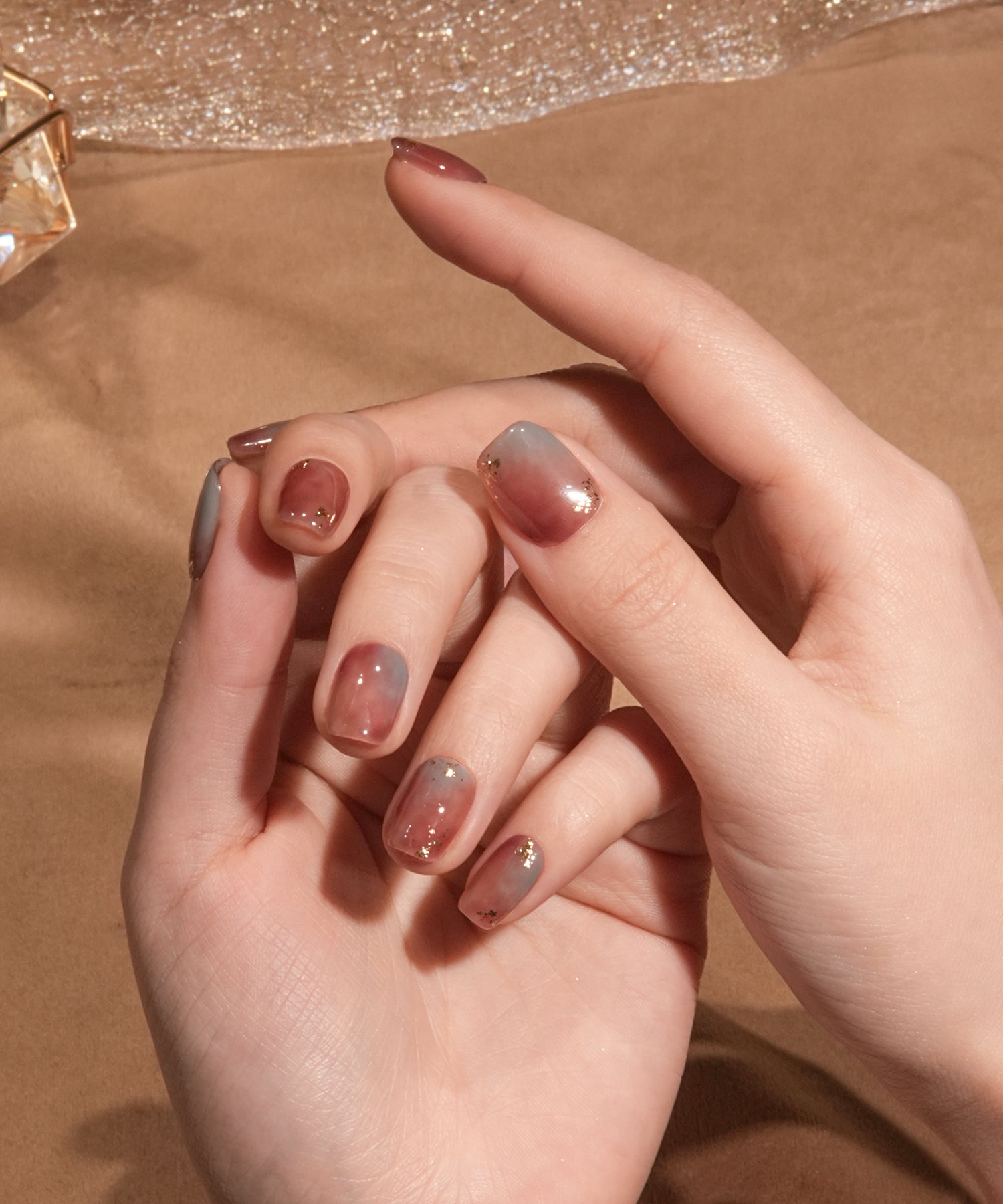 【当日発送】水光ネイルスモーキーローズブルーグレーニュアンスホイルショートスクエアネイルチップ