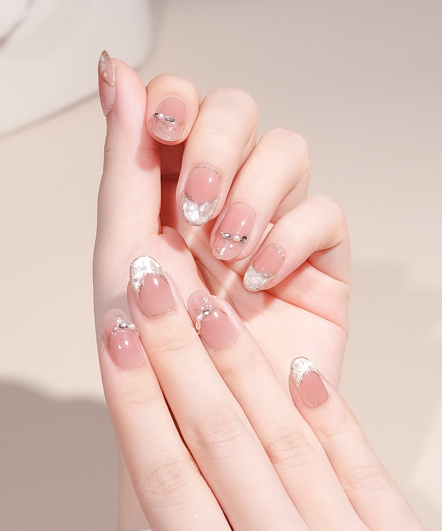 当日発送】水光ネイルピンクチークホロラメフレンチオーバルネイルチップ