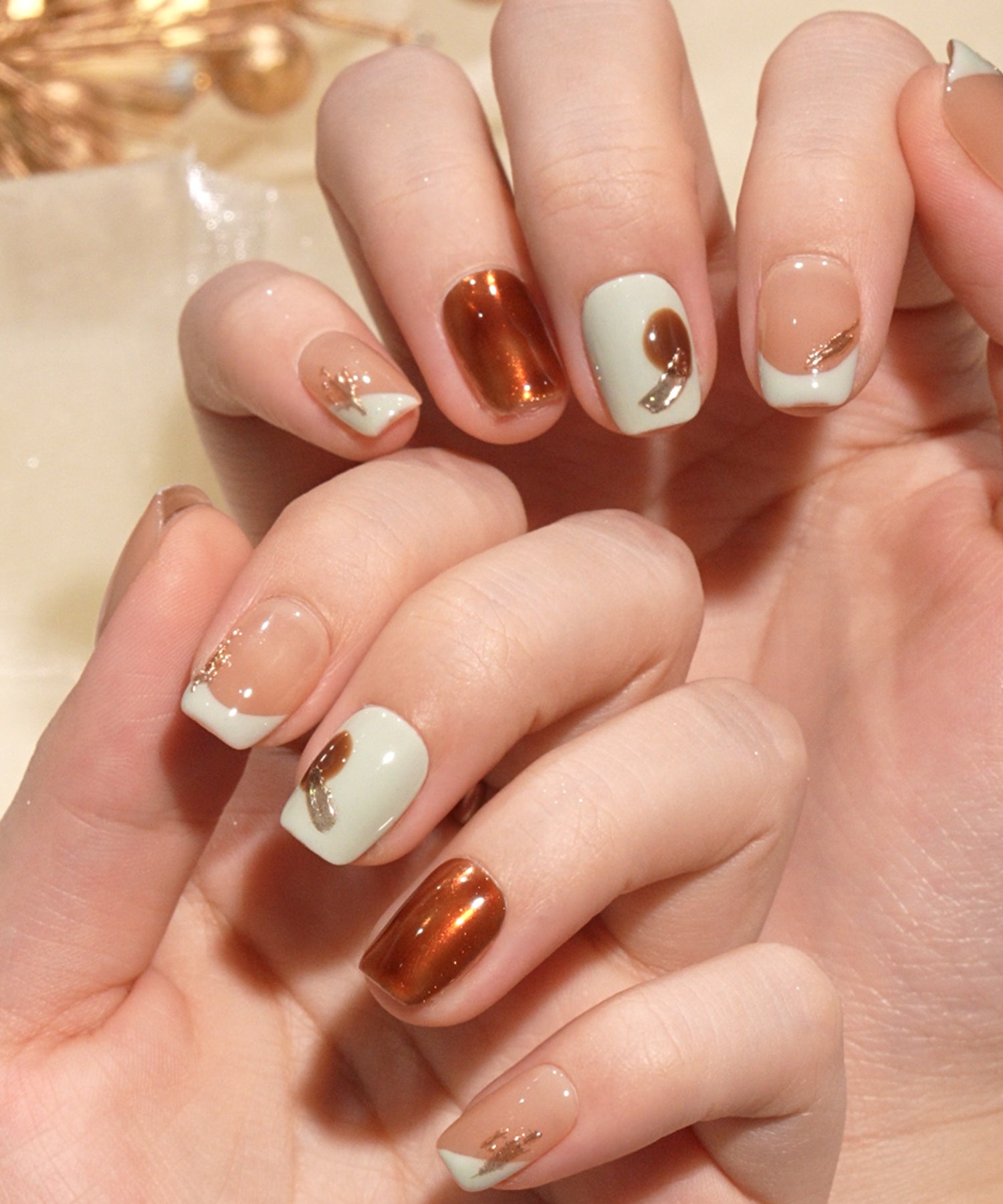 【COMING SOON】水光ネイルミントベージュニュアンスゴールドミラーアートスクエアネイルチップ