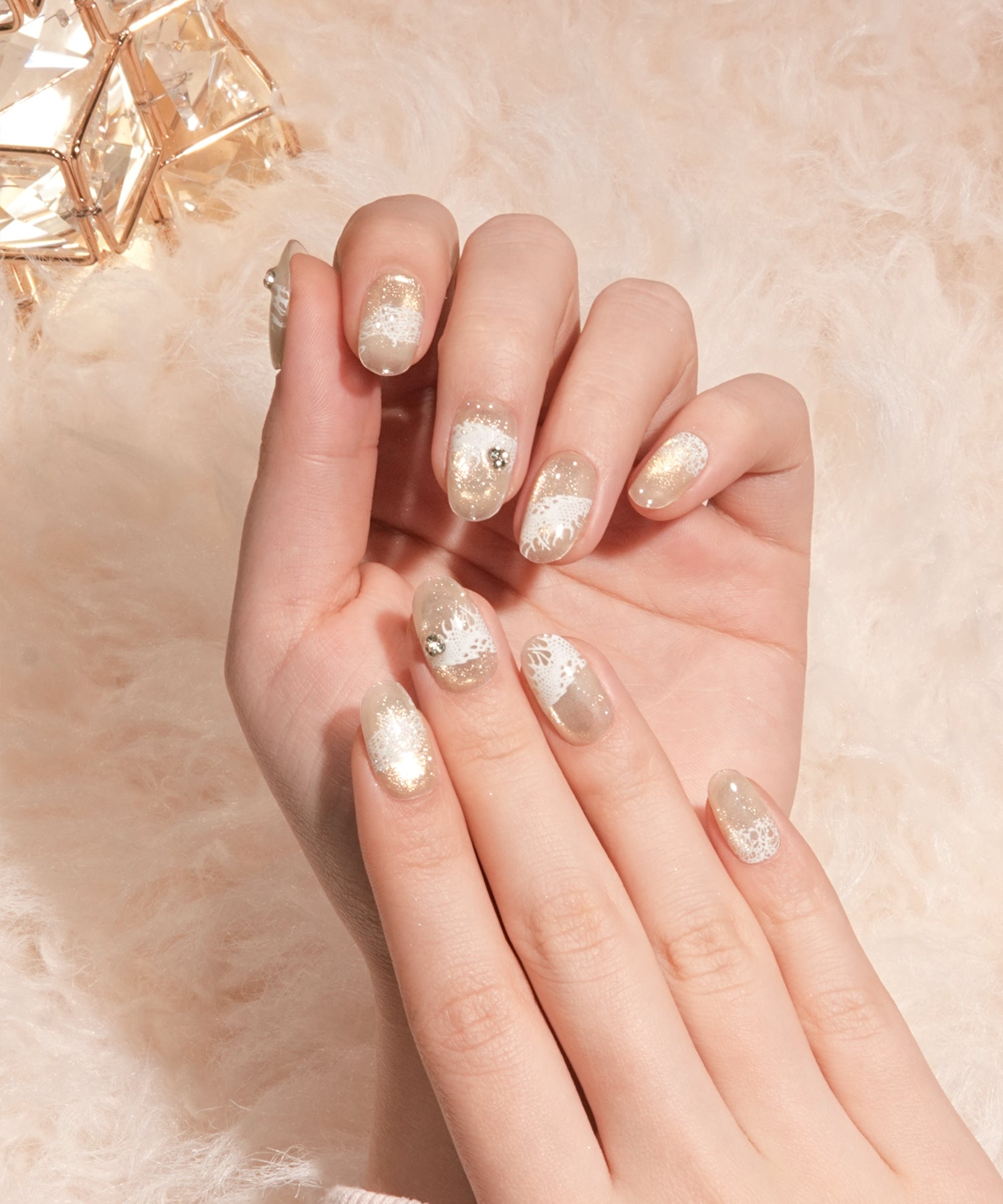 当日発送】水光ネイルシャンパンゴールドマグネットホワイトレース