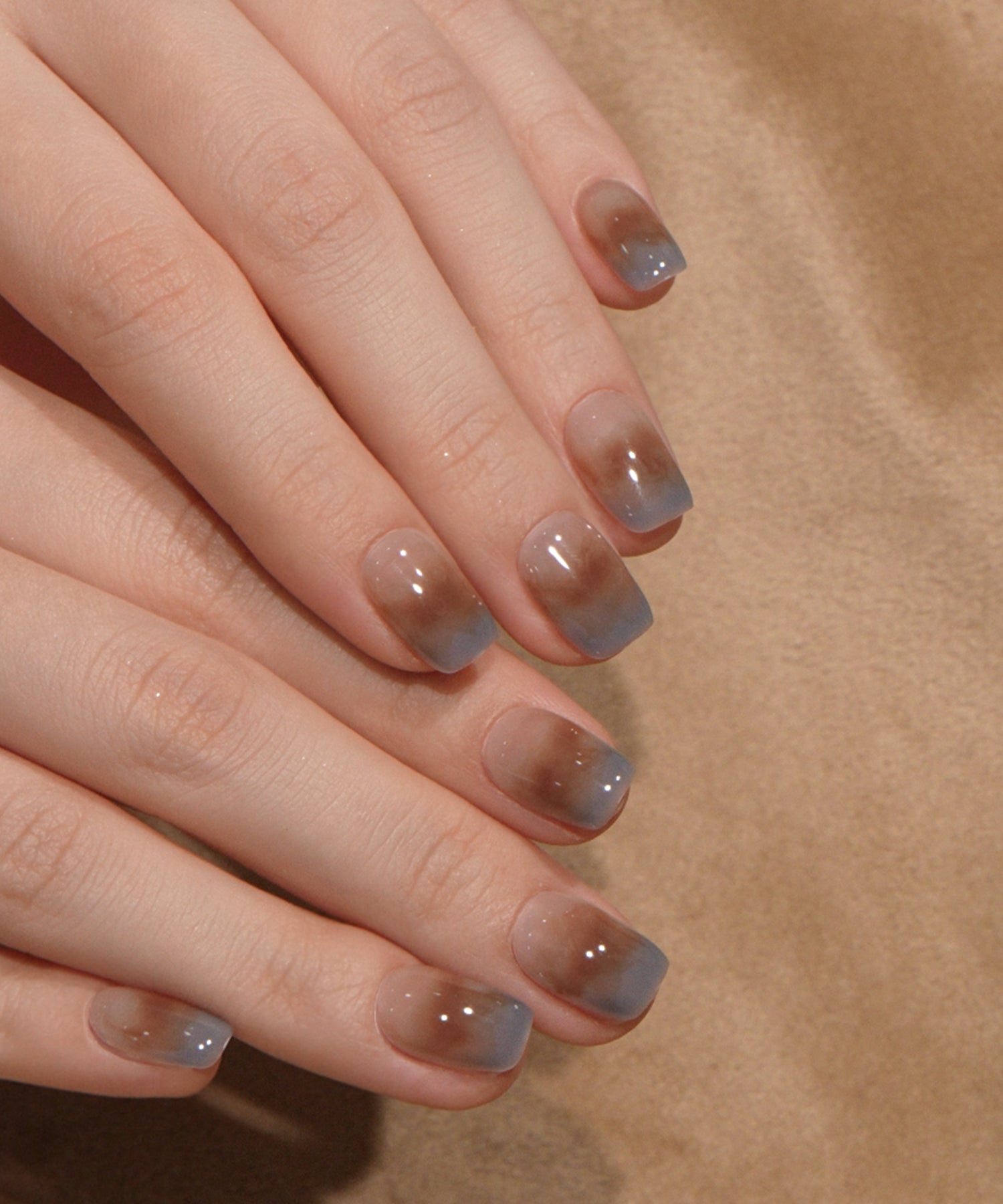 【予約販売】水光ネイルブルーブラウンインクグラデーションニュアンススクエアネイルチップ