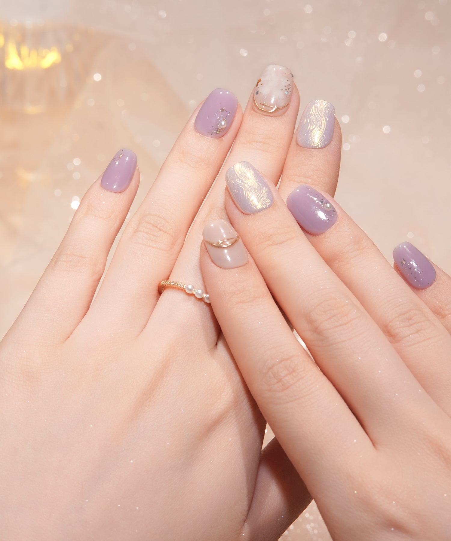 【COMING SOON】水光ネイルパープルニュアンスゴールドミラーウェーブホイルパールラメショートスクエアネイルチップ