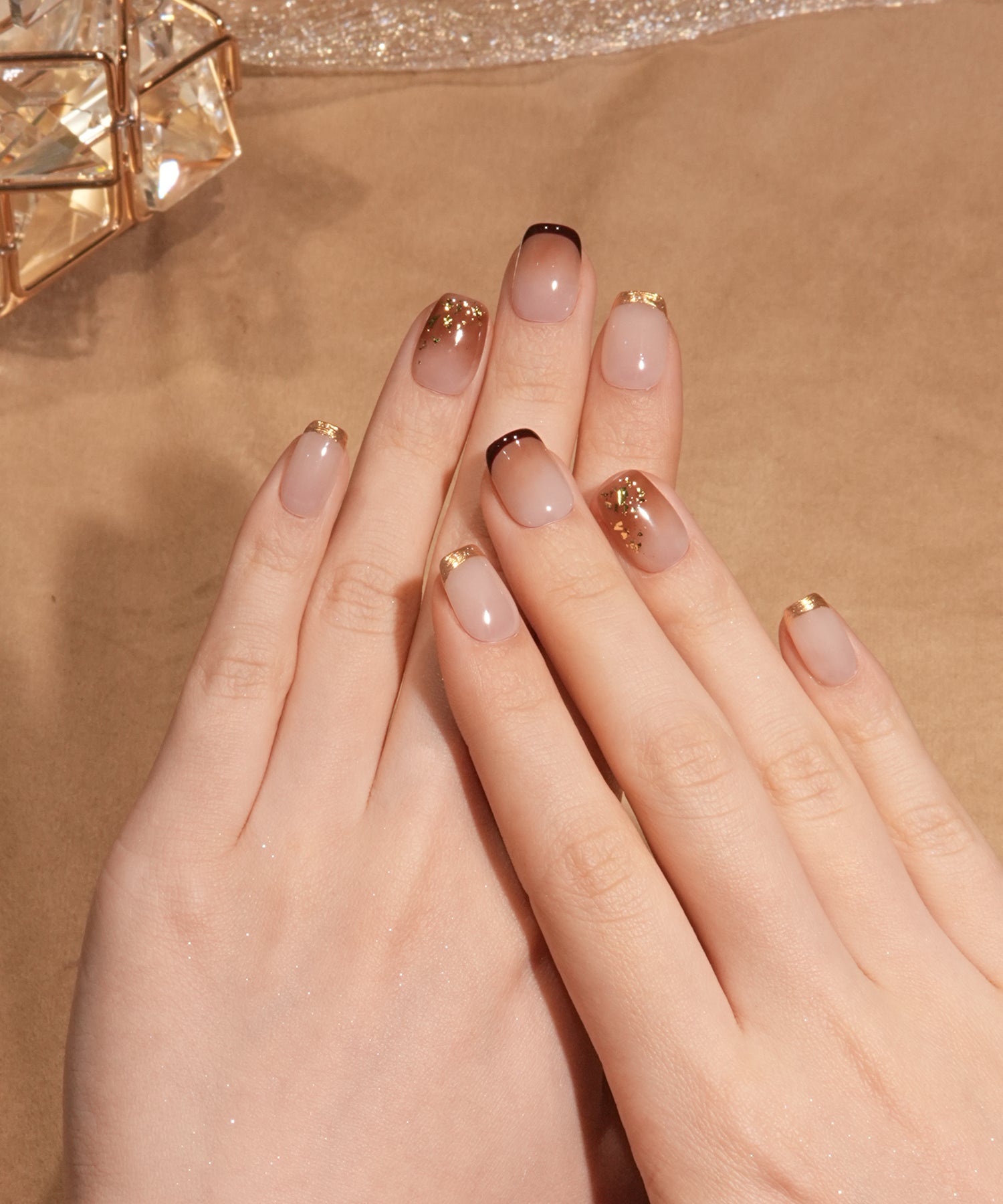 【当日発送】水光ネイルショコラブラウングラデーションゴールドホイルフレンチスクエアネイルチップ