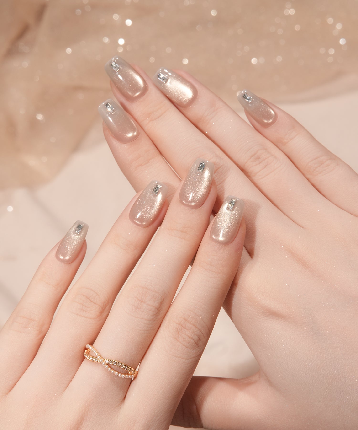 【当日発送】水光ネイルベージュマグネットバゲットストーンスクエアネイルチップ