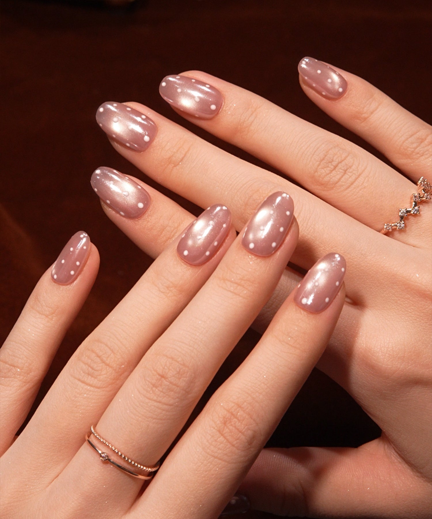 【当日発送】水光ネイルピンクマグネットドットデザインミラーオーバルネイルチップ