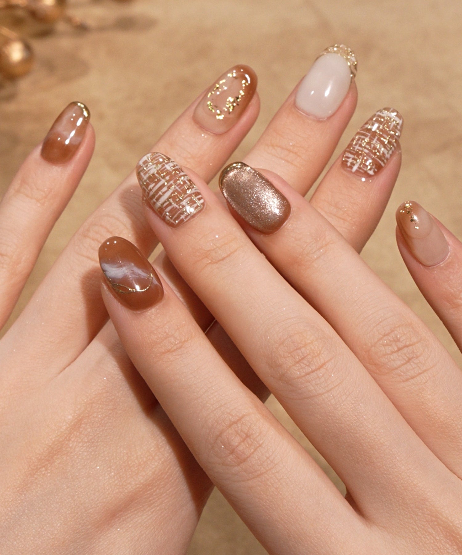 当日発送】水光ネイルモカベージュニュアンスフレンチツイードデザイン