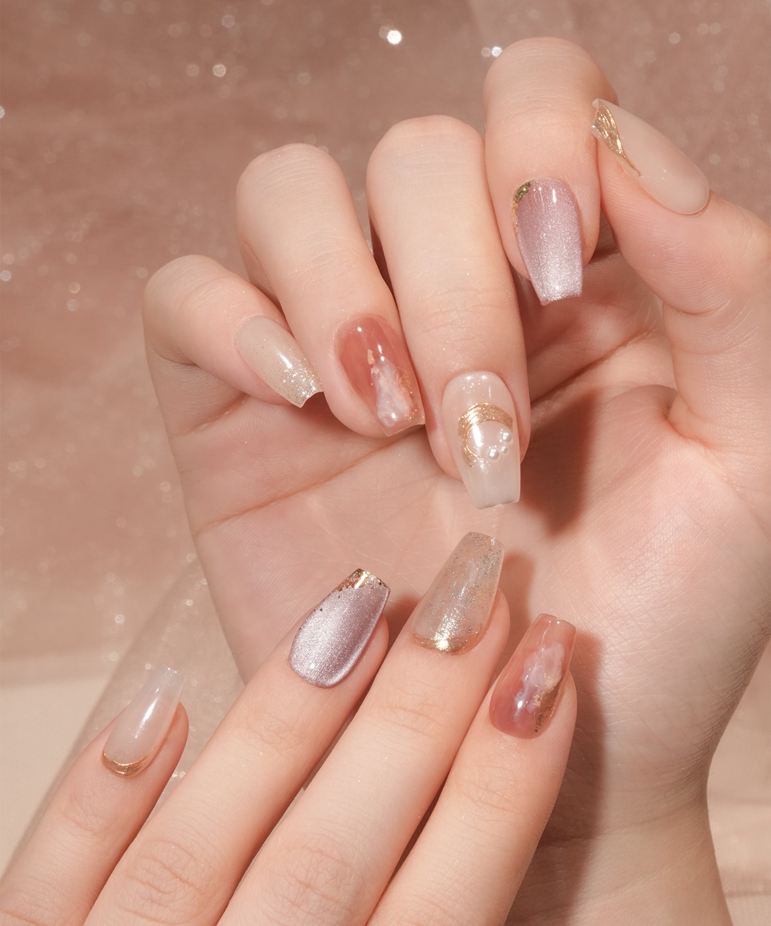 【COMING SOON】水光ネイルホワイトミラーニュアンスゴールドミラーアートパールホロラメバレリーナネイルチップ