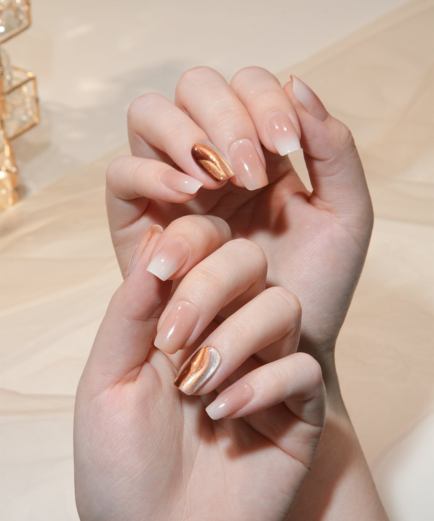 【当日発送】水光ネイルピンクベージュブラウンニュアンスグラデーションマグネットスクエアオフネイルチップ