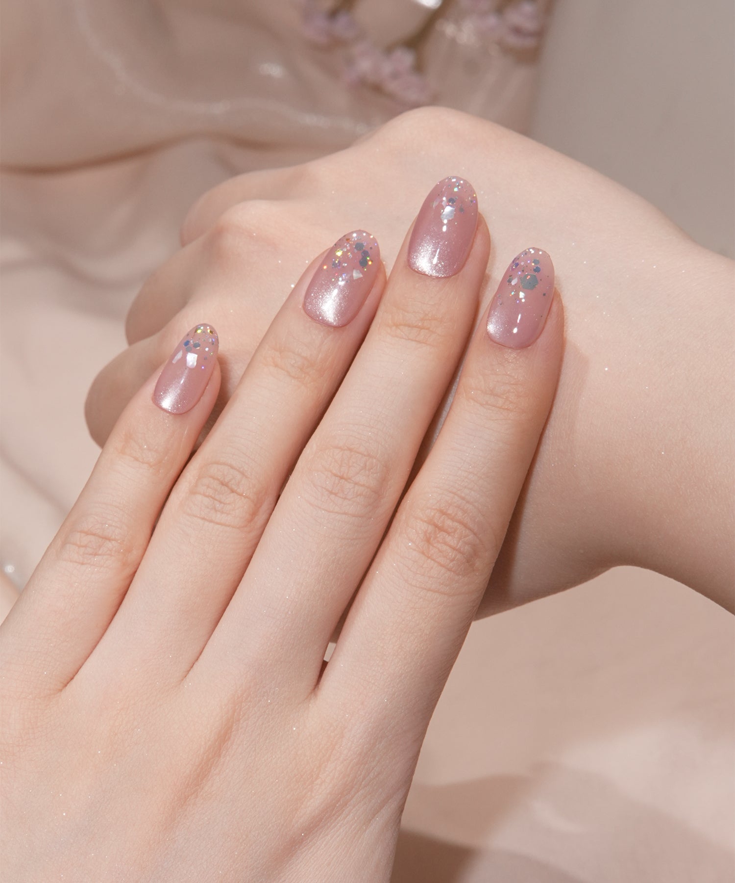 【COMING SOON】水光ネイルシアーピンクマグネットオーロラホログラムシェルオーバルネイルチップ