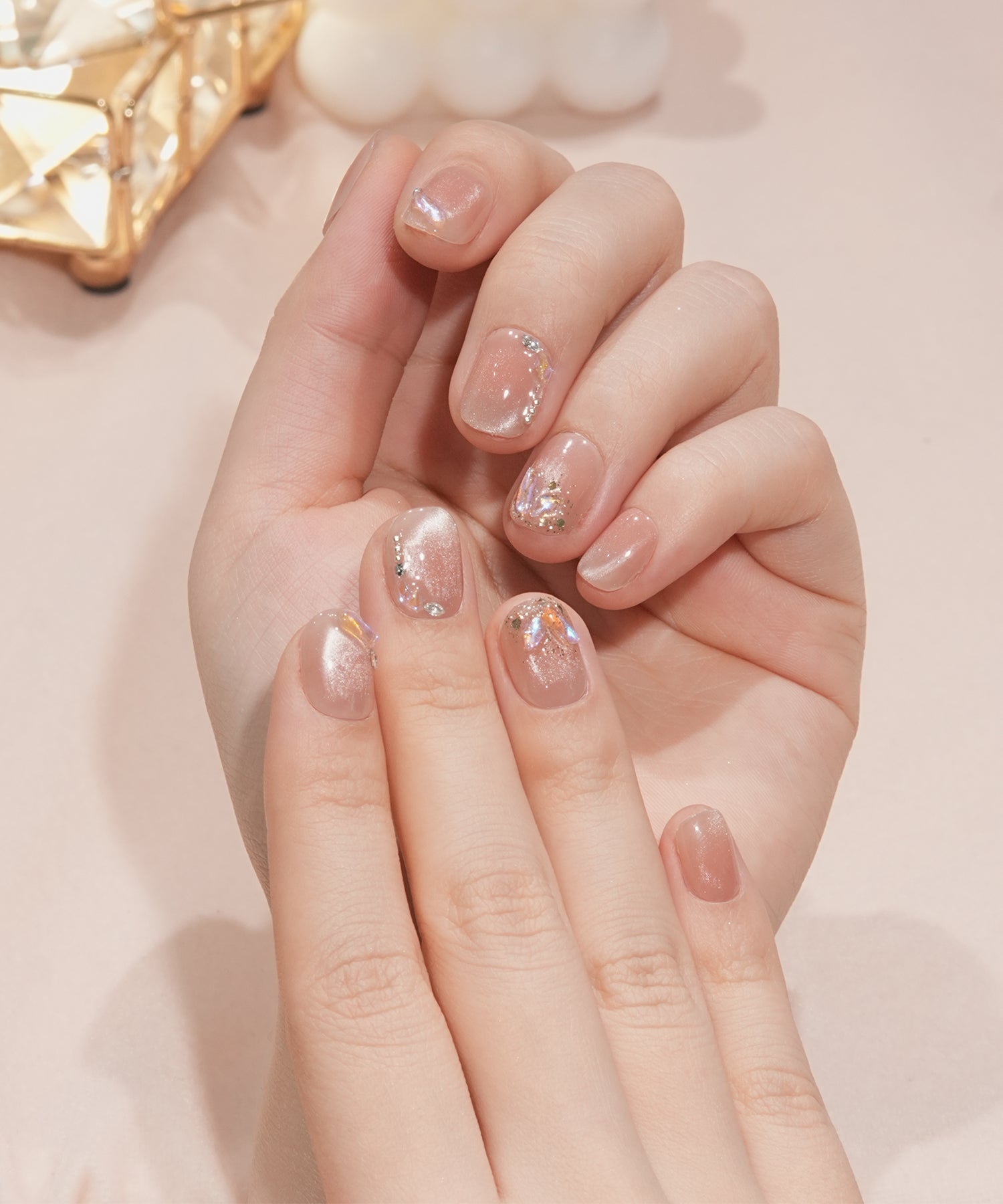 【当日発送】水光ネイルピンクチークオーロラストーンラメショートラウンドネイルチップ