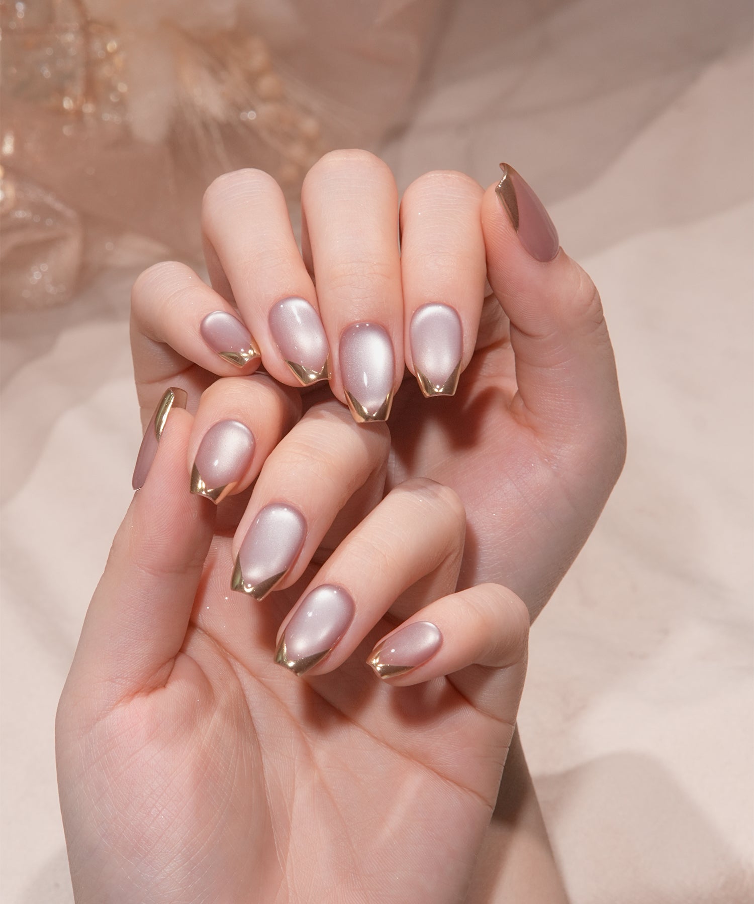 【一部当日発送】水光ネイルモーブピンクマグネットゴールドミラーフレンチバレリーナネイルチップ