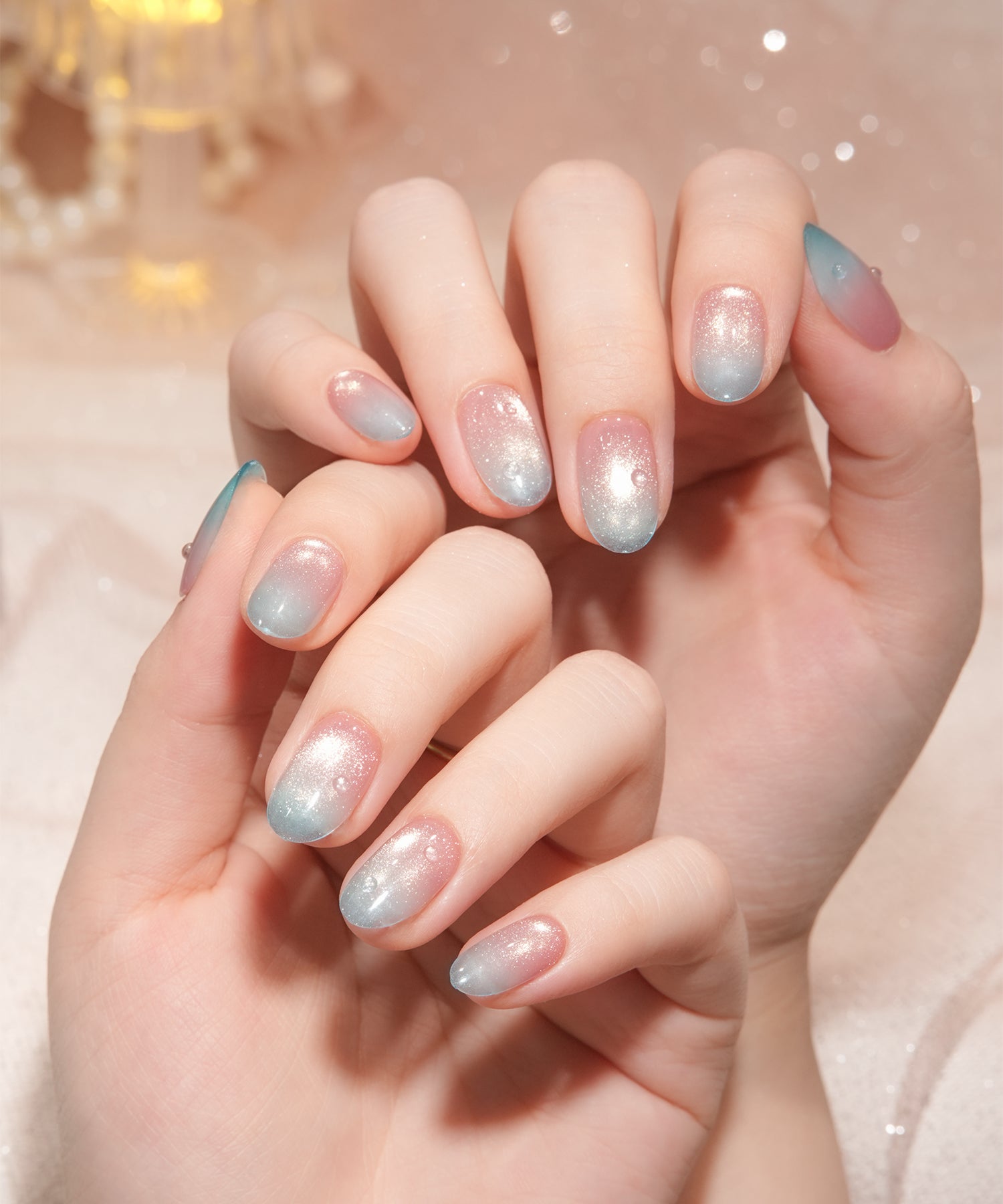 【当日発送】水光ネイルピンクマグネットブルーグラデーションウォータードロップオーバルネイルチップ