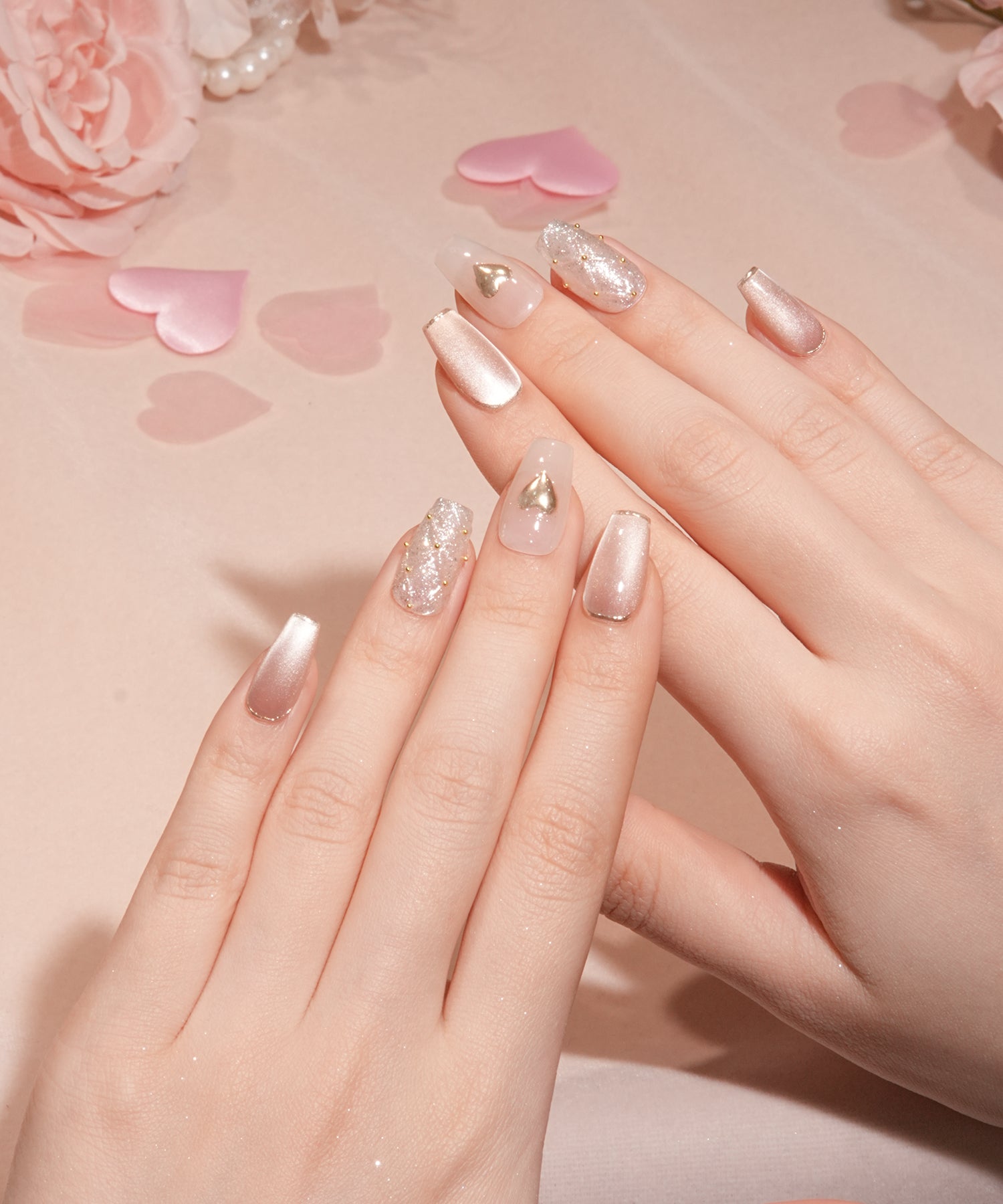 【SOLD OUT】水光ネイルミルキーホワイトキルティングゴールドミラーハートバレリーナネイルチップ