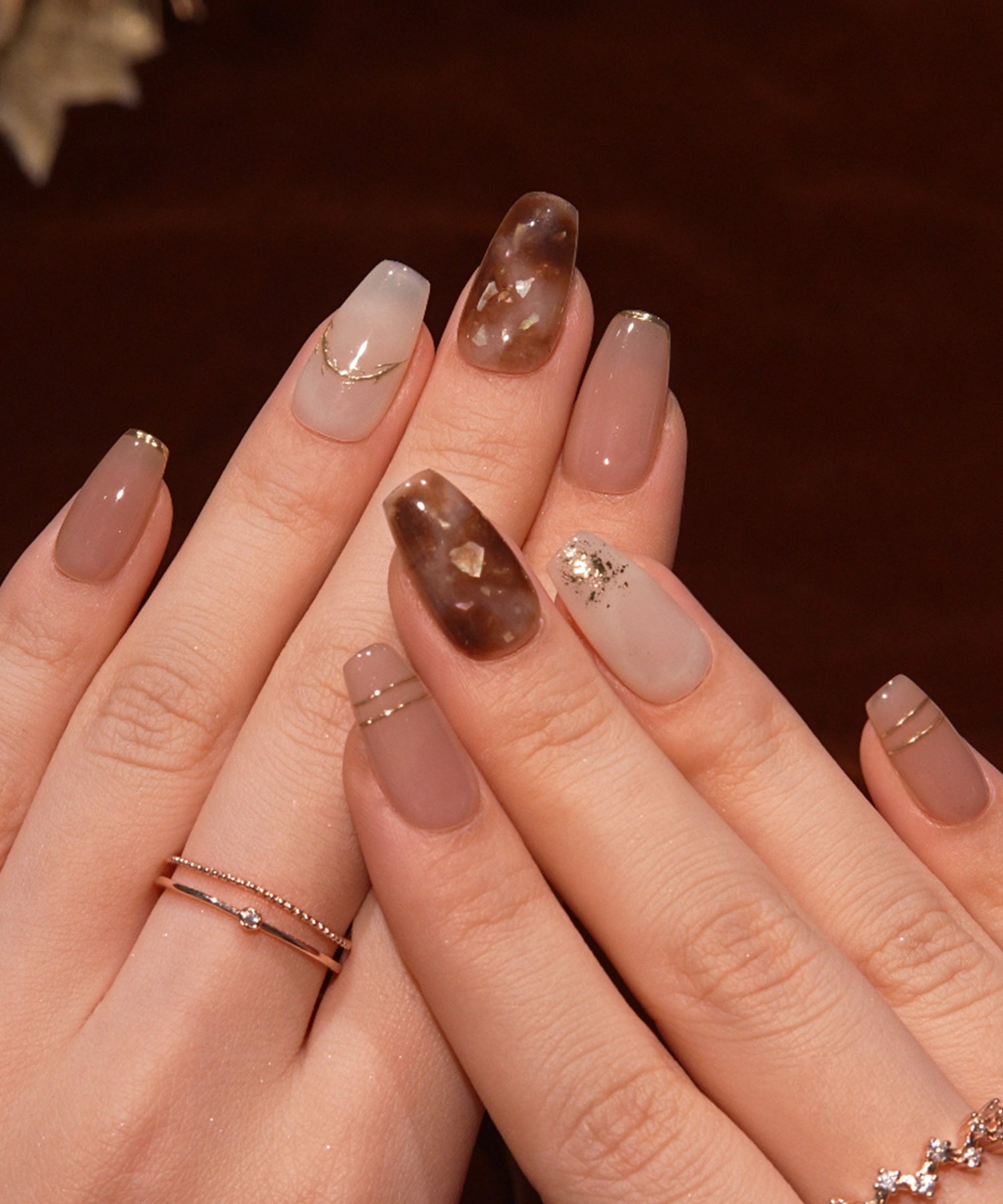 当日発送】水光ネイルブラウンマーブルシェルラゴールドインバレリーナ