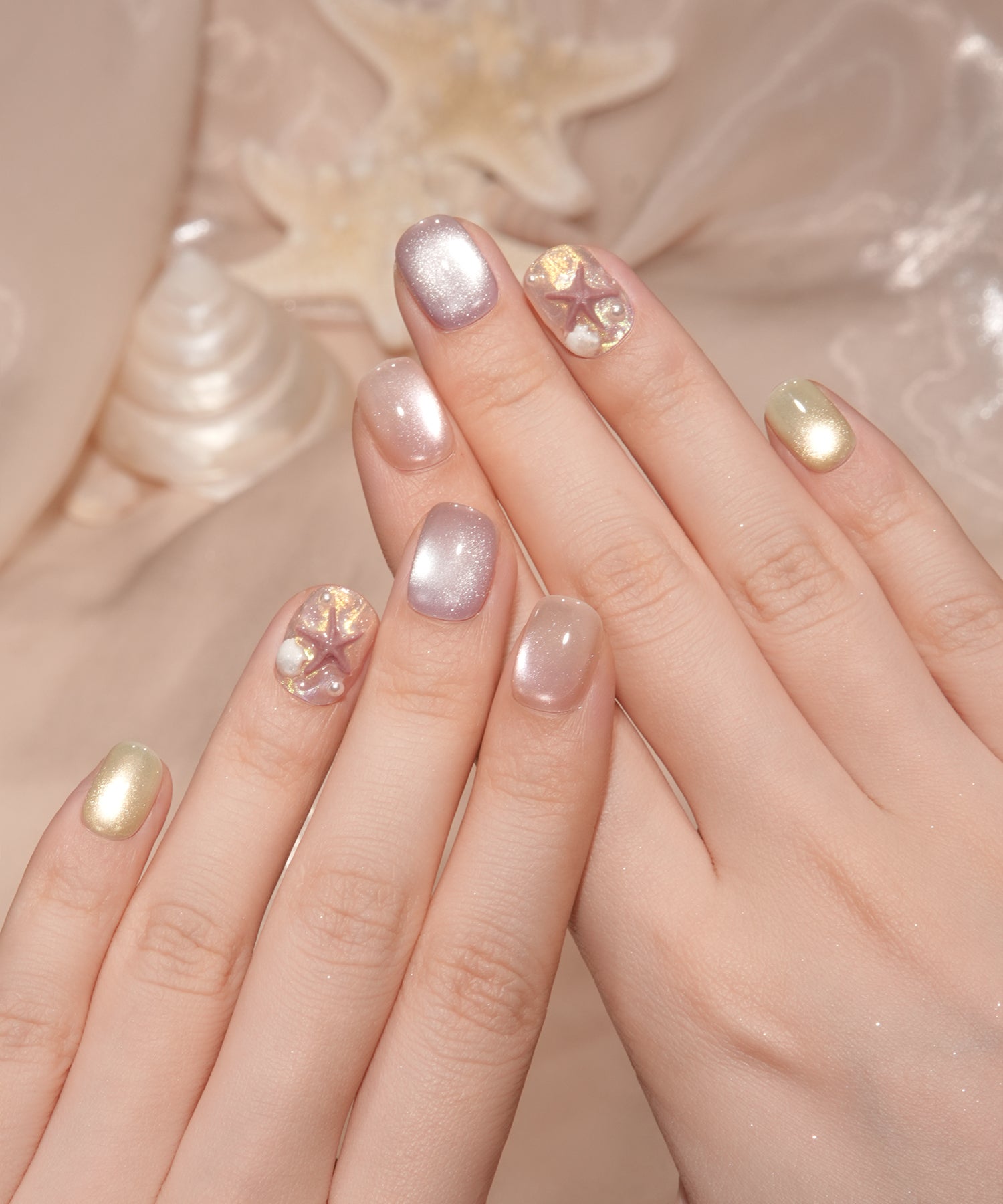 【COMING SOON】水光ネイルシアーカラーマグネットスターフィッシュパールショートラウンドネイルチップ