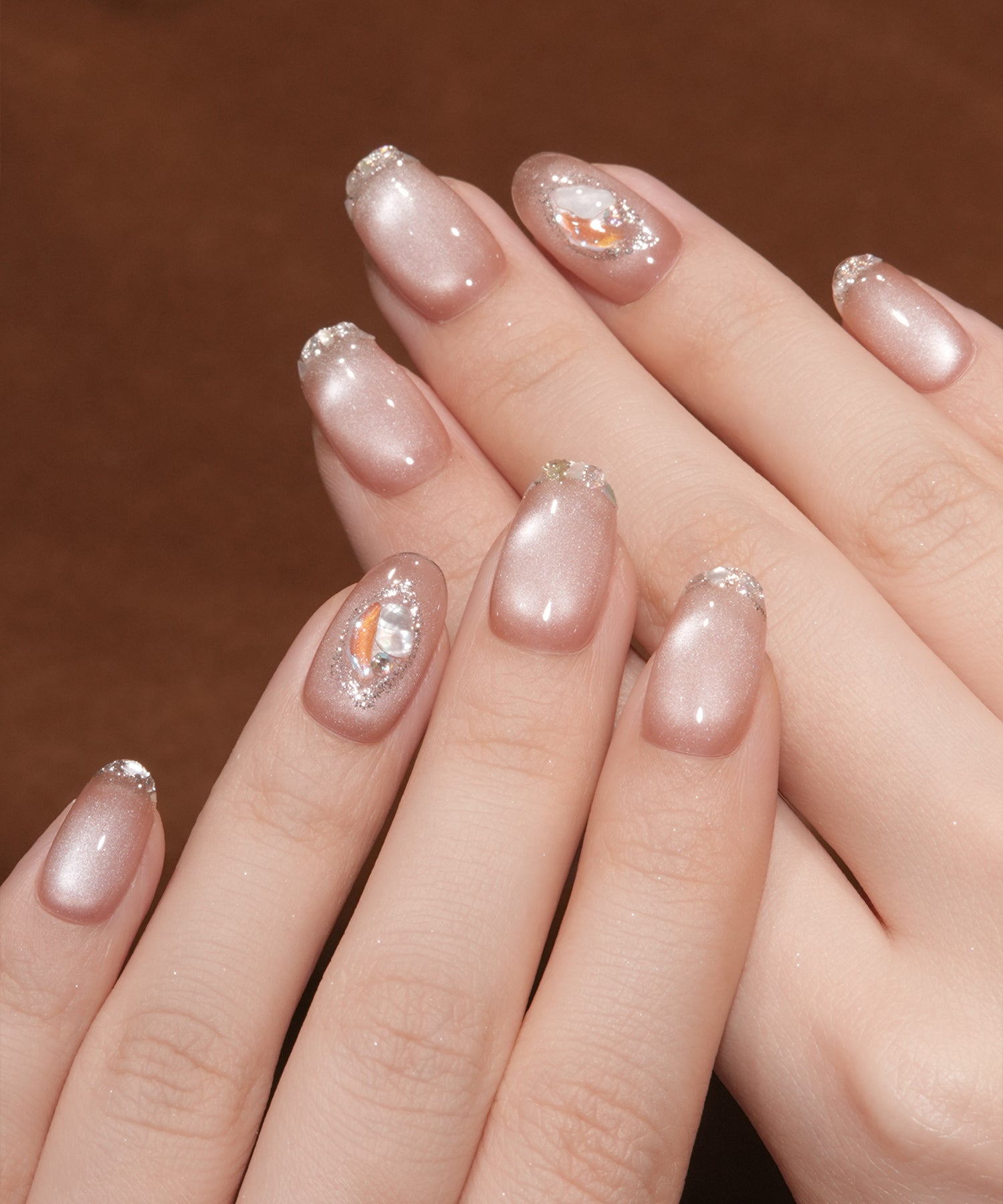 【当日発送】水光ネイルピンクマグネットガラスフレンチシェルストーンオーバルネイルチップ