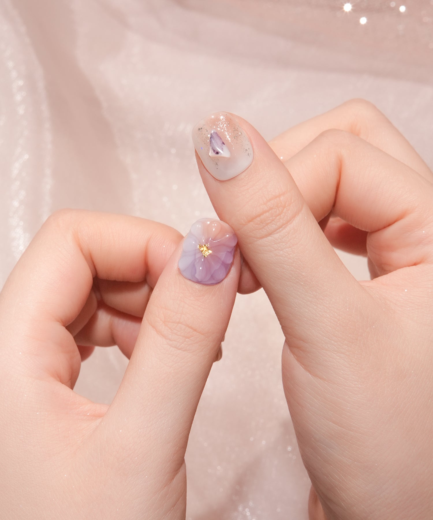 【当日発送】水光ネイルパープルニュアンスフラワーマグネットホイルシェルショートラウンドネイルチップ