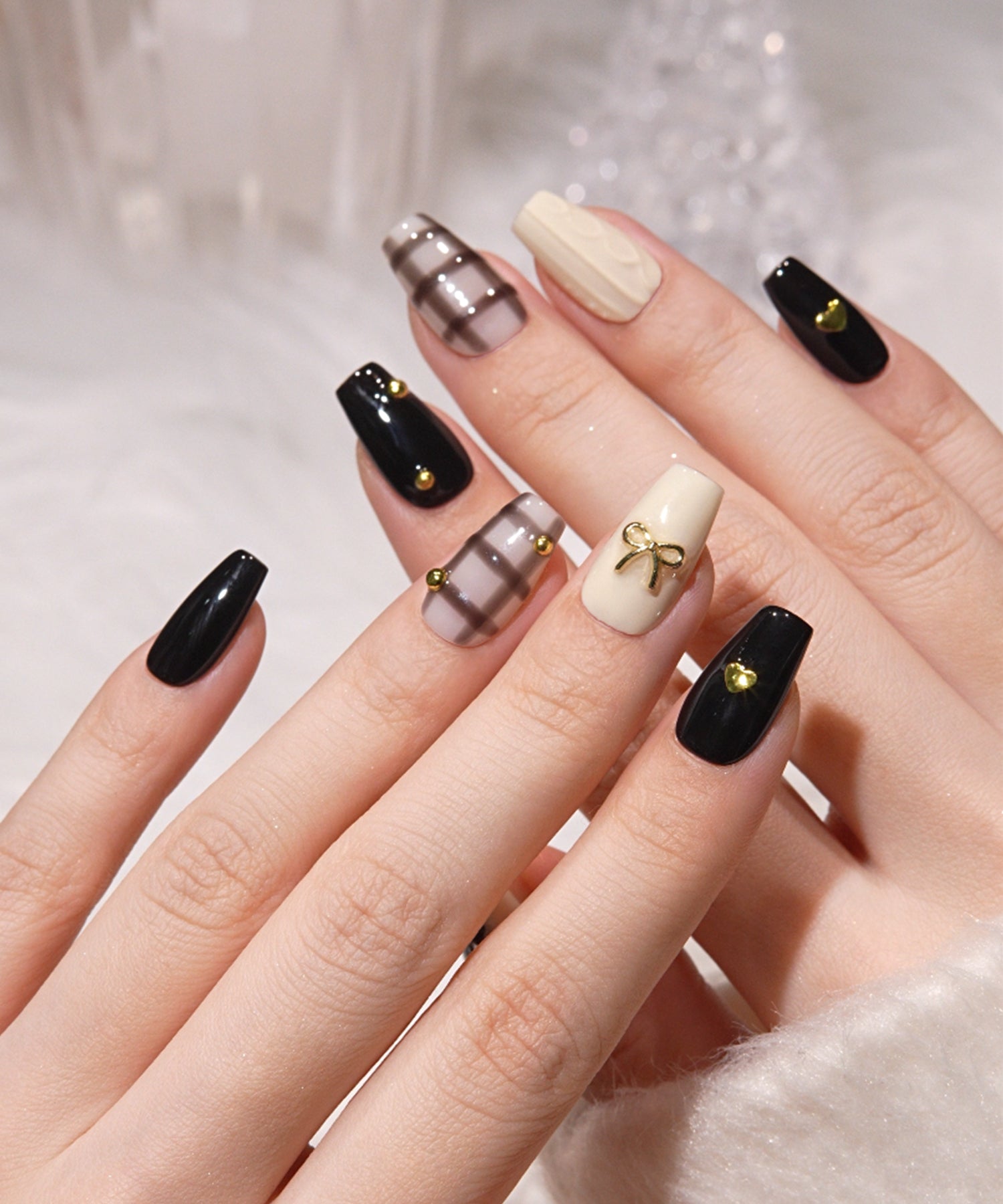 【予約販売】水光ネイルブラックチェックリボンパーツウィンターニットデザインバレリーナネイルチップ