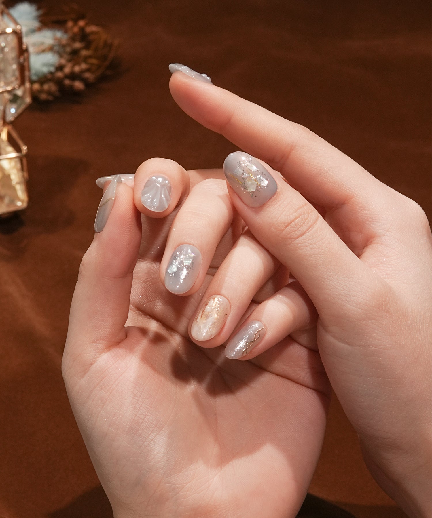 【一部当日発送】水光ネイルスモーキーブルーマーメイドシェルオーバルネイルチップ