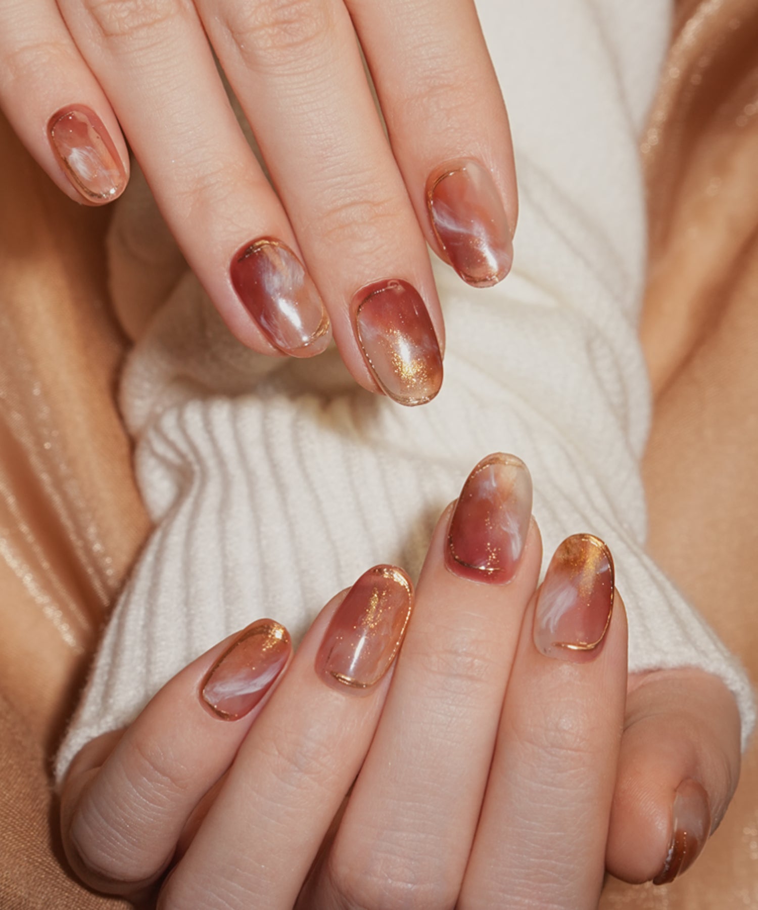 【予約販売】水光ネイルレッドゴールドニュアンスミラーオーバルネイルチップ