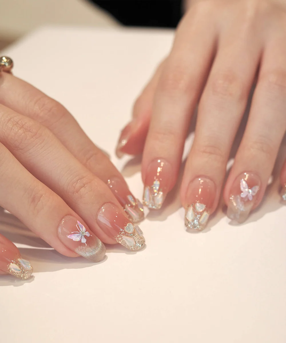 [Same-day shipping] 3D Water Shine Nail Pink Stone Butterfly Nail Tip