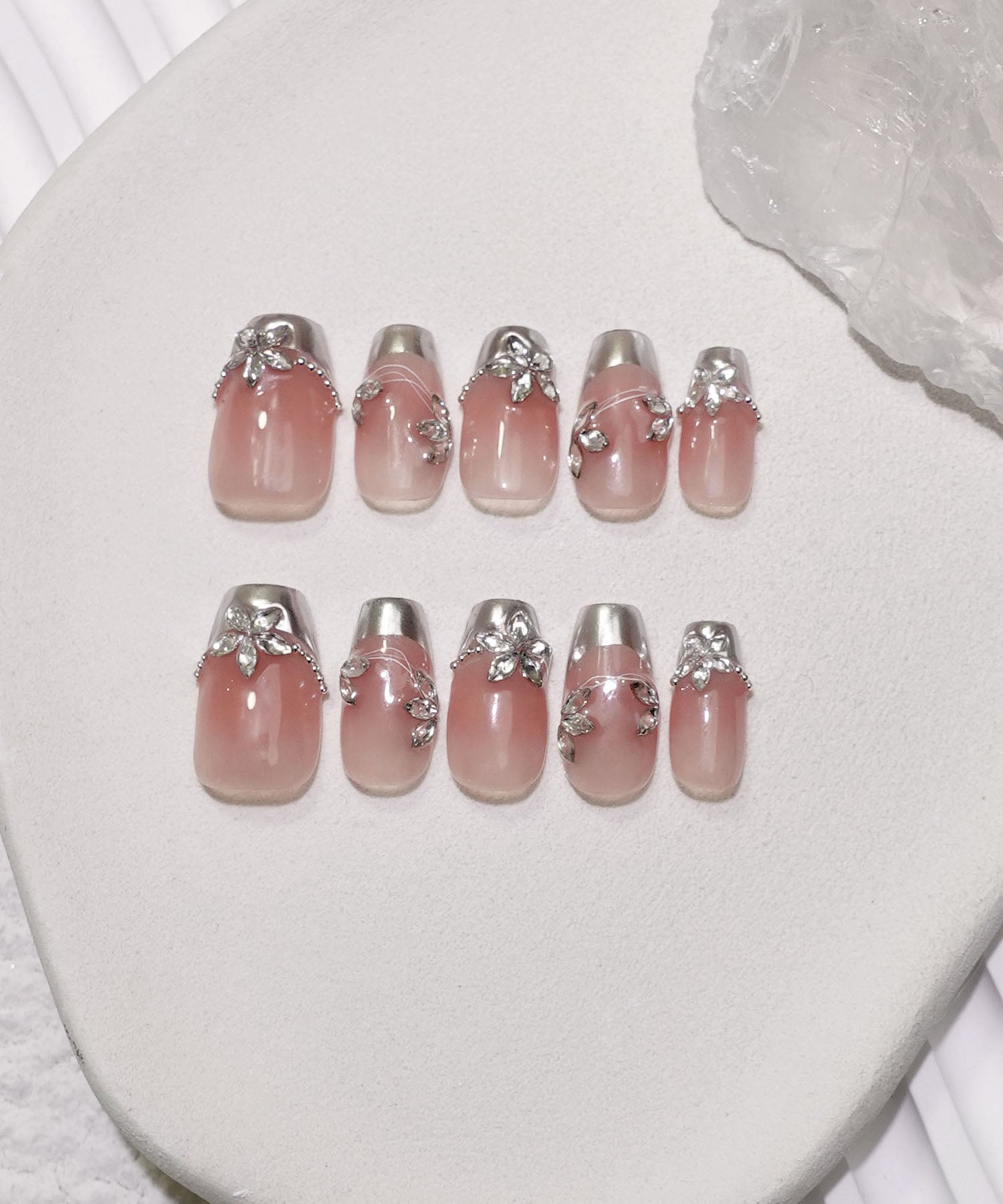 【当日発送】水光ネイルピンクミラーフレンチストーンフラワーワンホンバレリーナネイルチップ